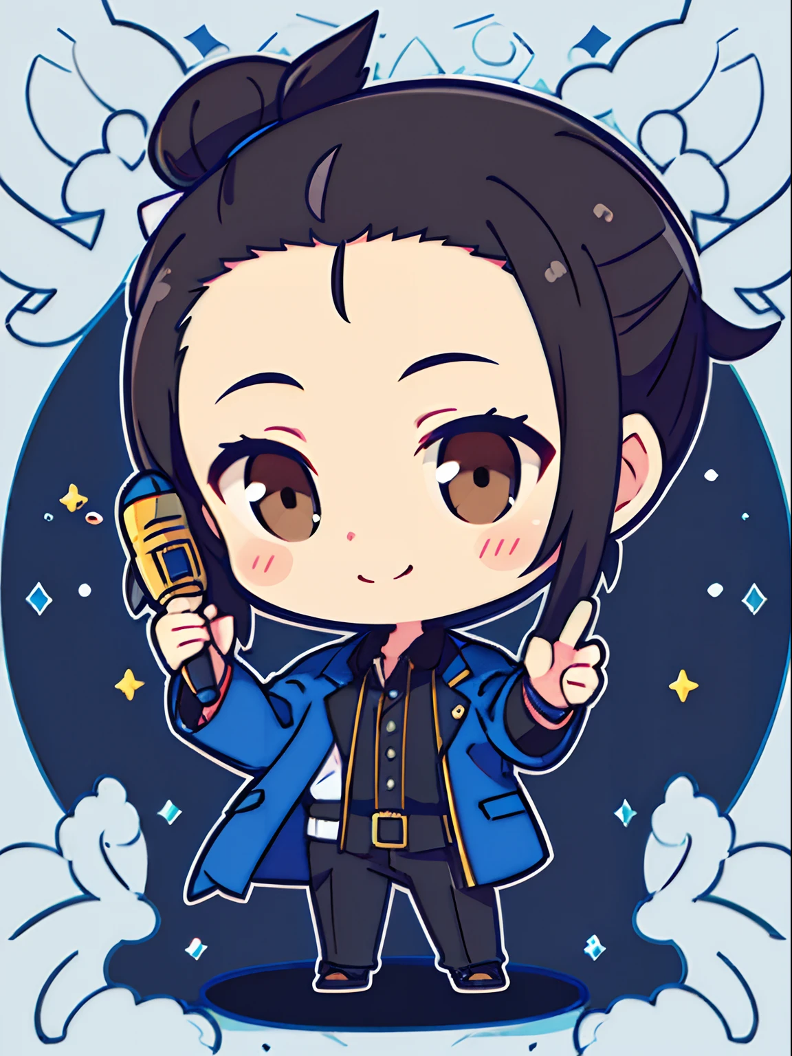 1guy,chibi,wearing a blue headphone,man bun hair ,holding a microphone,black hair,showing forehead,concept art,simple flat background,brown eyes,smile,black hair rubber,no bangs,manly