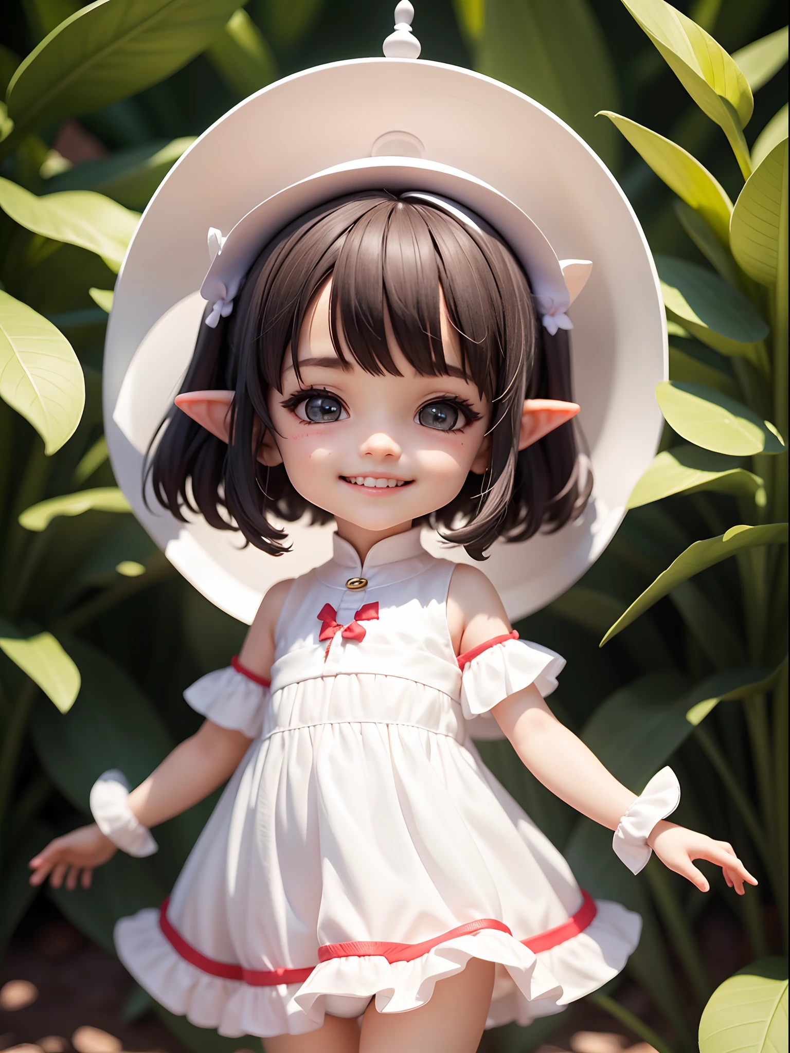 1 s, short hair black color, elf ear, white dress, smiling for you