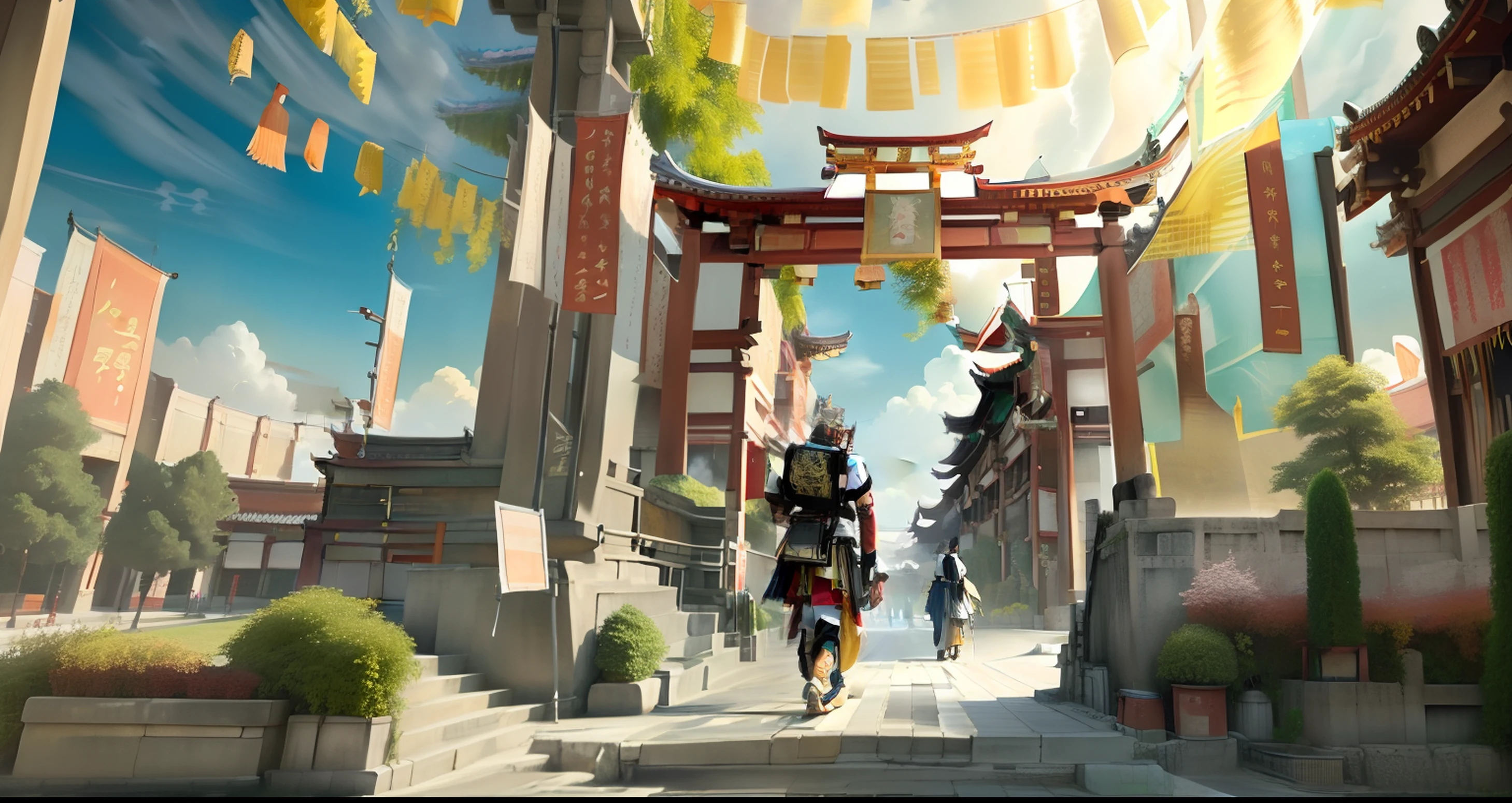 The streets of Chang'an City,There is a path to the distance,The picture is a first-person perspective,There is a warrior standing nearby,and costume girls,At the end of the road is Chang'an City(Different regions can represent different sectors)。There are elements of clouds between the paintings。The whole painting is painted in ink and watercolor or Chinese style。