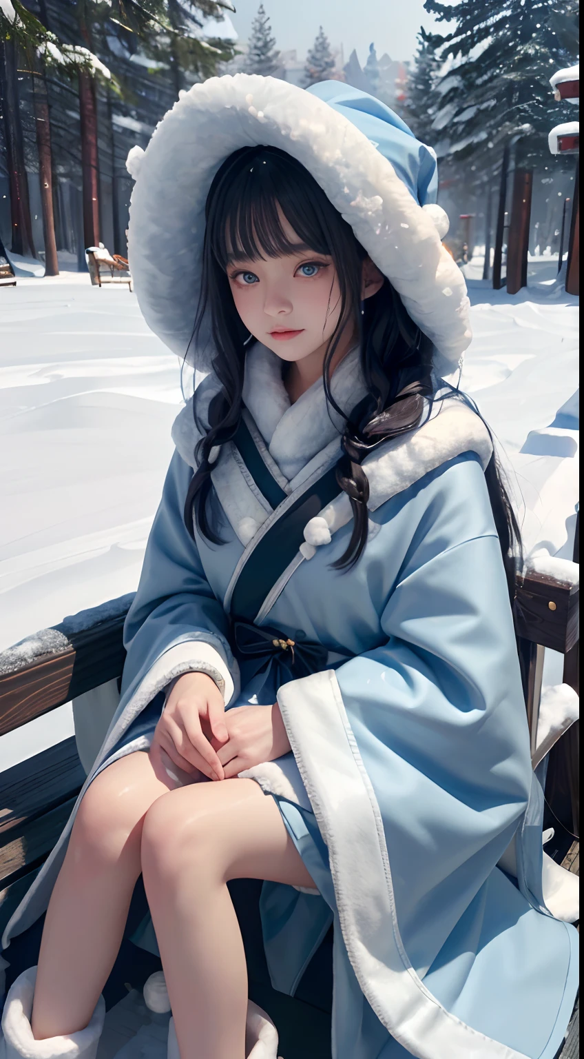 ((Works of masters))，(超高分辨率)，1 girl,Glowing eyes，Tears of sadness， Sitting, Lolita costume，Cloak (Snow, Snow，Outdoor activities in winter:1.2),snowfield，Blue eyes，Illustrations of the highest quality，A meticulous face