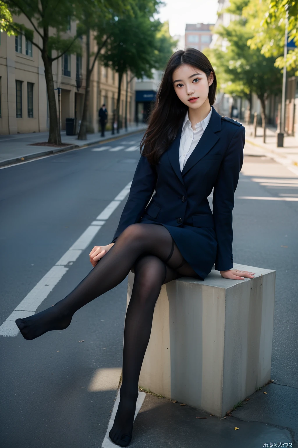 Best quality, full body portrait, delicate face, pretty face,  woman, slim figure, large bust, OL uniform, office clothes, navy blue stockings, no shoes, outdoor scene, sitting position