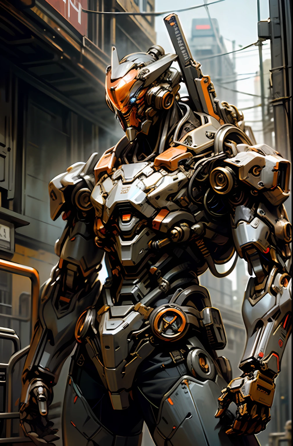 Dark_Fantasy,Cyberpunk,(chain saw,chain saw man,Red:1.1),1man,Mechanical marvel,Robotic presence,Cybernetic guardian, wearing a worn-out mech suit, intricate, (steel metal [rusty]), elegant, clear focus, shot by greg rutkowski, soft lighting, vibrant colors, masterpiece, ((street)), cowboy shot, dynamic pose,