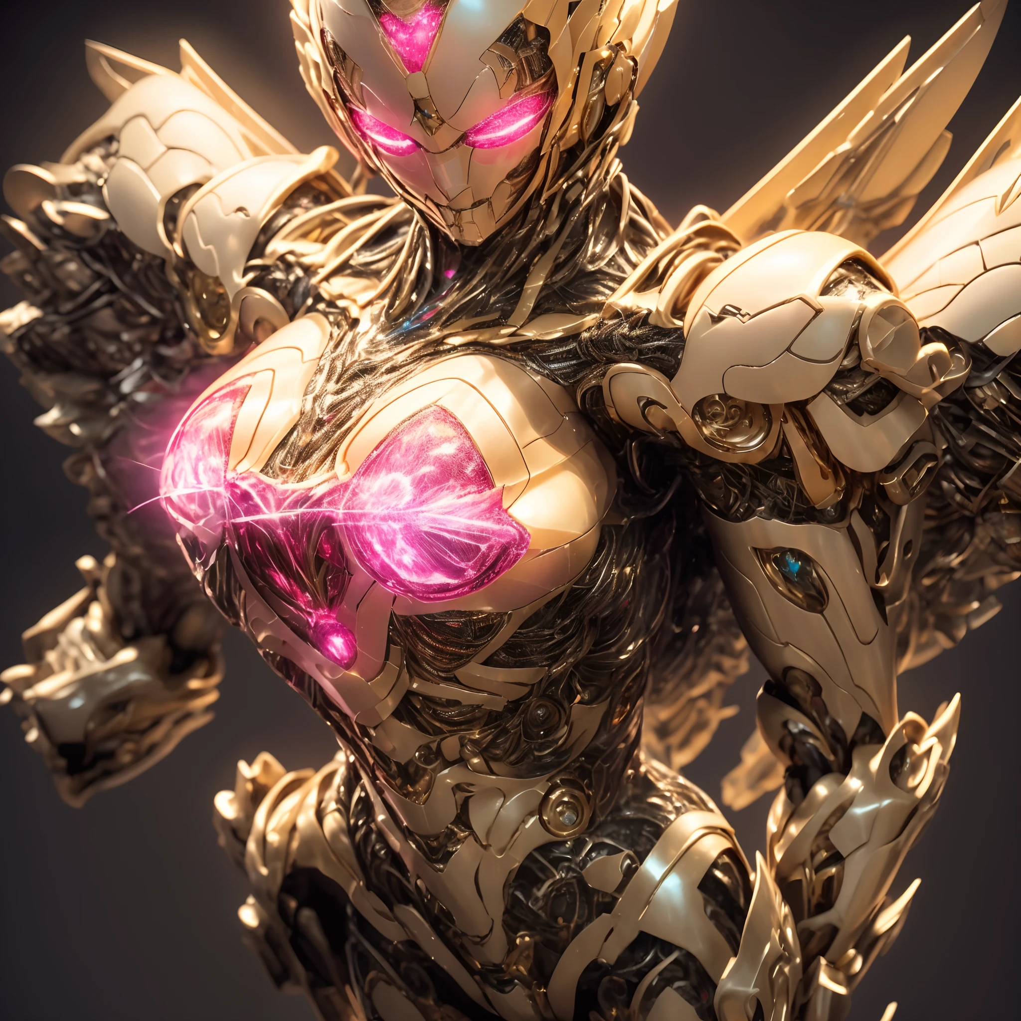 1girll， Cinematic lighting， Pink mech， Honey Mecha，Metallic glossy robot articulated thin metal wings，Mecha lines are perfectly depicted， full bodyesbian， （Fly in the sky：1.6）， From above， Faraway view， super wide shot， Depth of perspective， depth of fields，