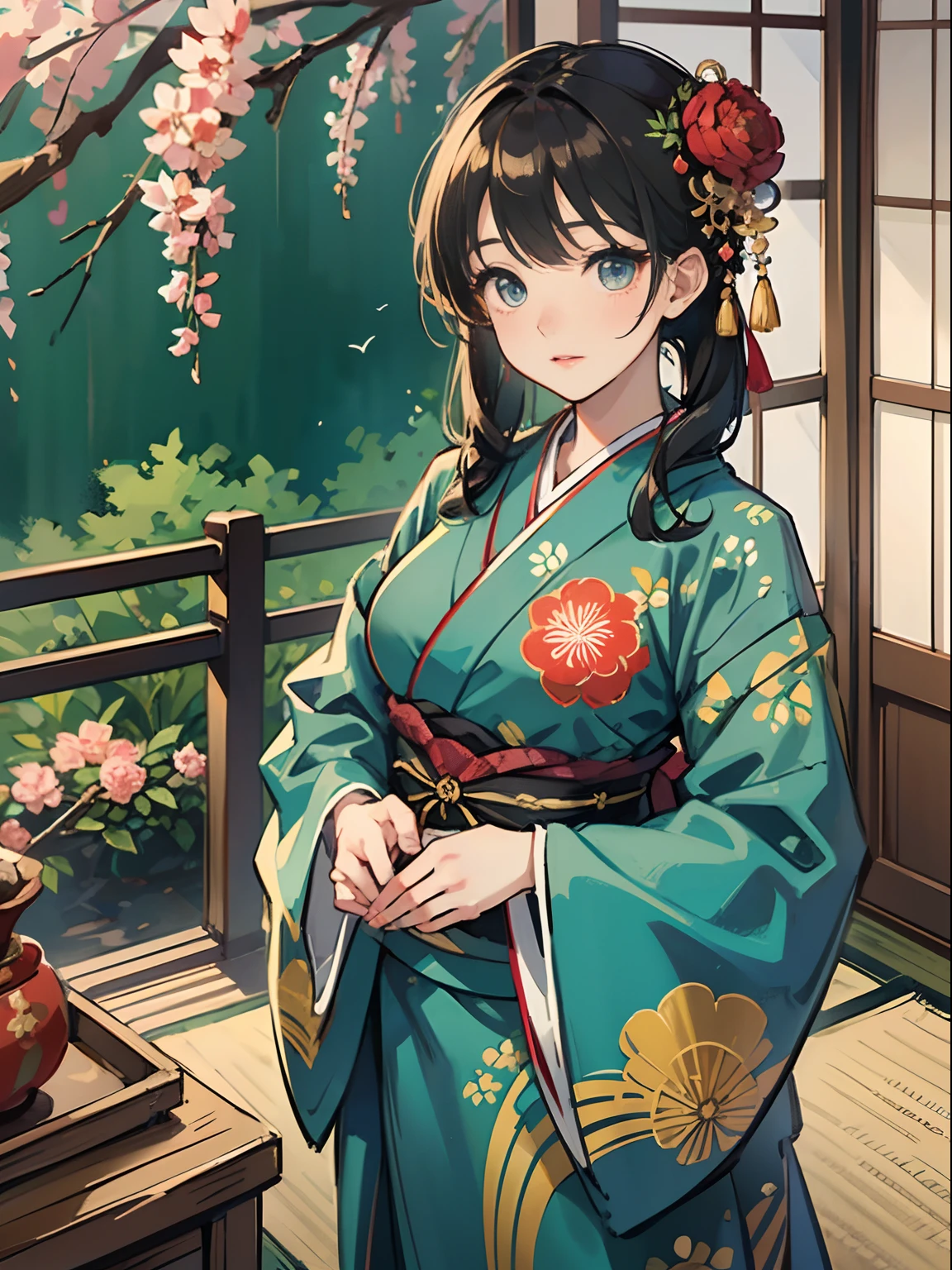 Master Pieces,hyper quality, Hyper Detailed,Perfect drawing,独奏、Beauty in the world、Komono、Japanese dress、Black-haired、Japanese hair、Colorful Japan kimono、Nishijin Ori、Delicate and smart eyes、Half-open lips、sidelong glance、Graceful、Gorgeous、Beautiful、red blush(0.2)、Dazzling、Stunning、Gorgeous、Gentle、Shunguang、natural soft light、Flowers and Birds Fugetsu、traditional Japanese room、Accurate drawing、Detailed drawing、