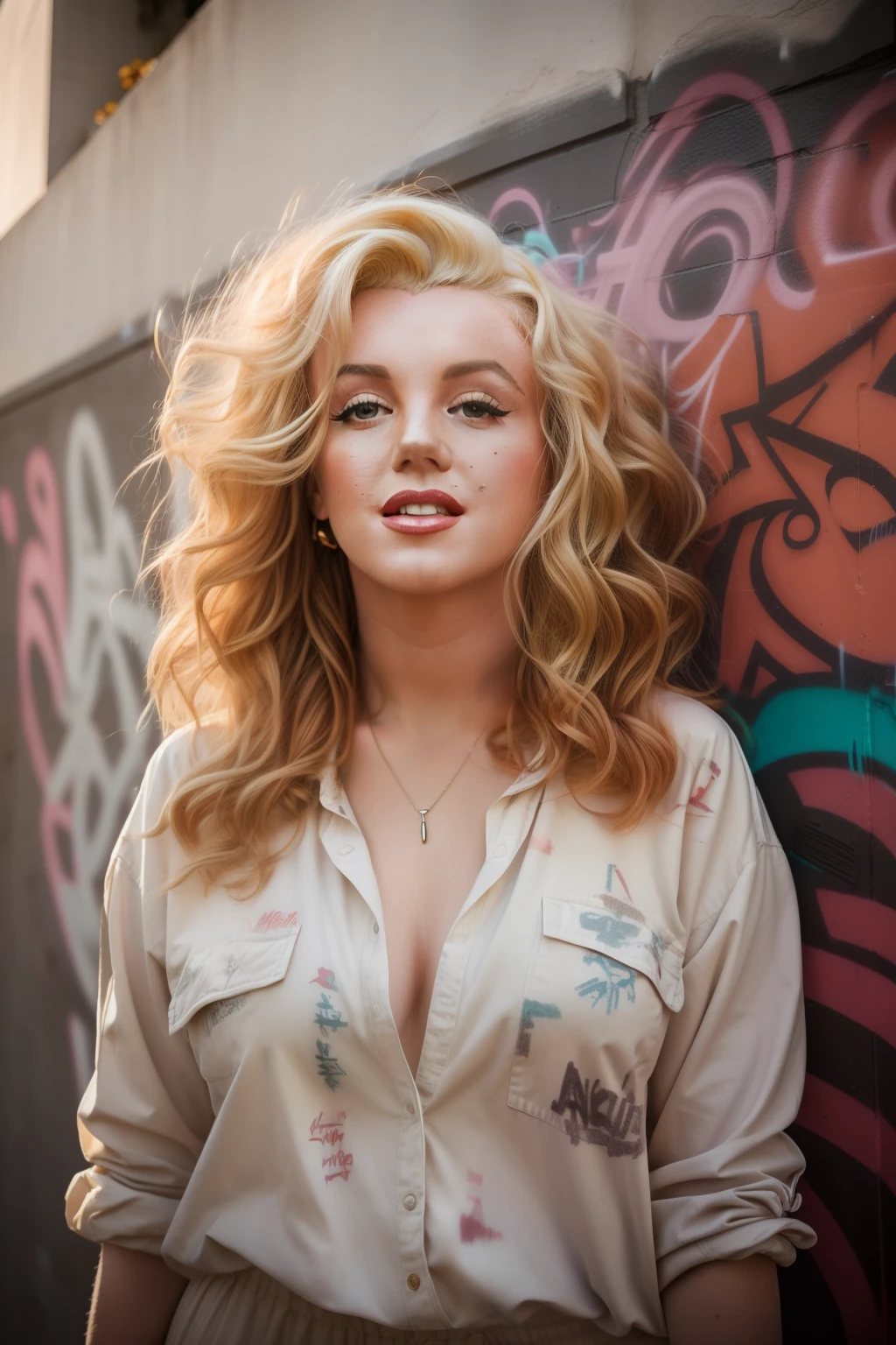 portrait of Marilyn Monroe with long ginger wavy hair standing in front of a wall with graffiti, wearing casual clothes, fall vibes, blushed, looking at the camera, colorful scene, midshot, focus on face, professional photography, ultra sharp focus, tetradic colors,