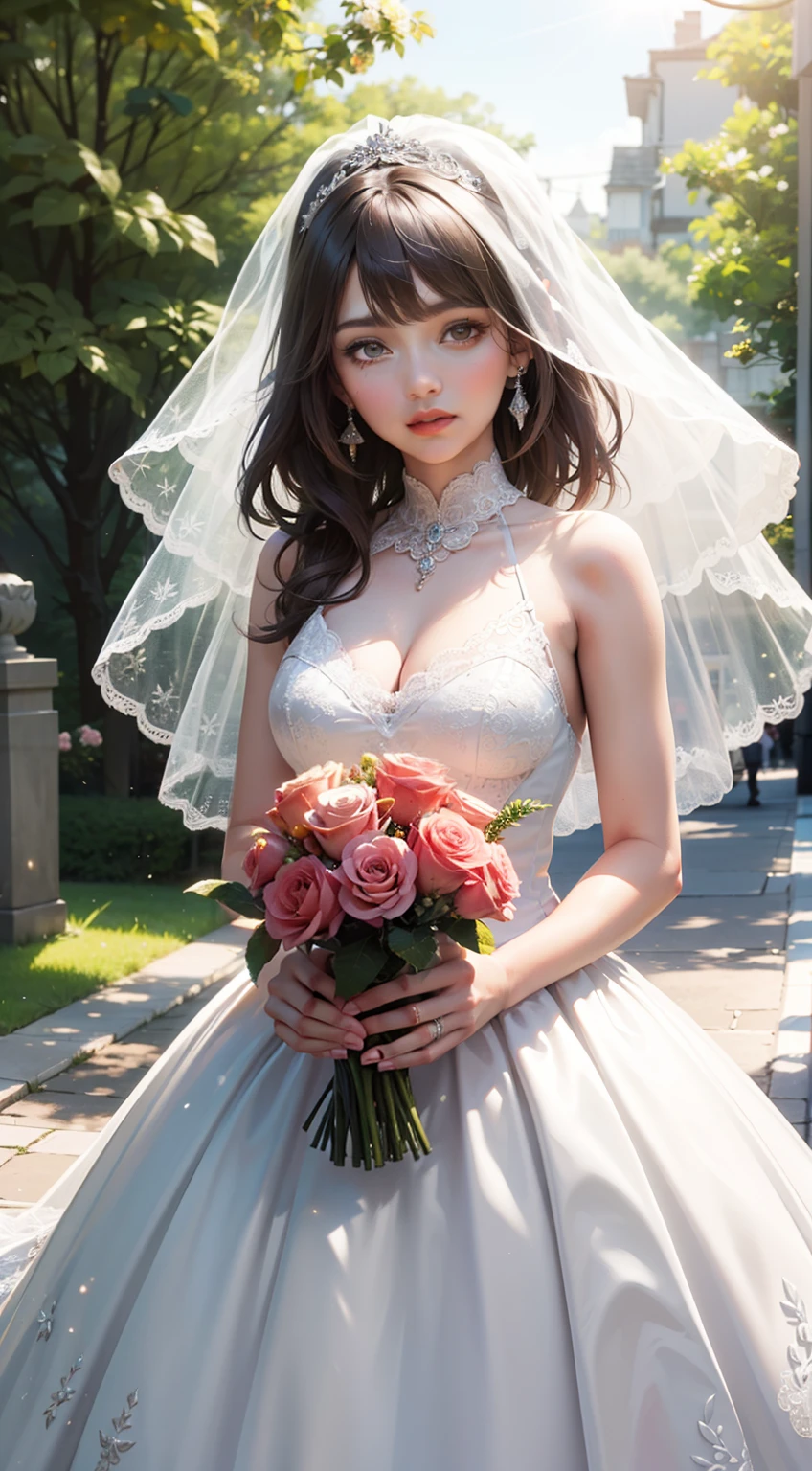 Ultra high quality，8K，1girll，the bride，Silvery hair，Close-up of the head,White lace dress，Bouquet of roses in hand，and the sun was shining brightly，and the sun was shining brightly，vibrant with colors