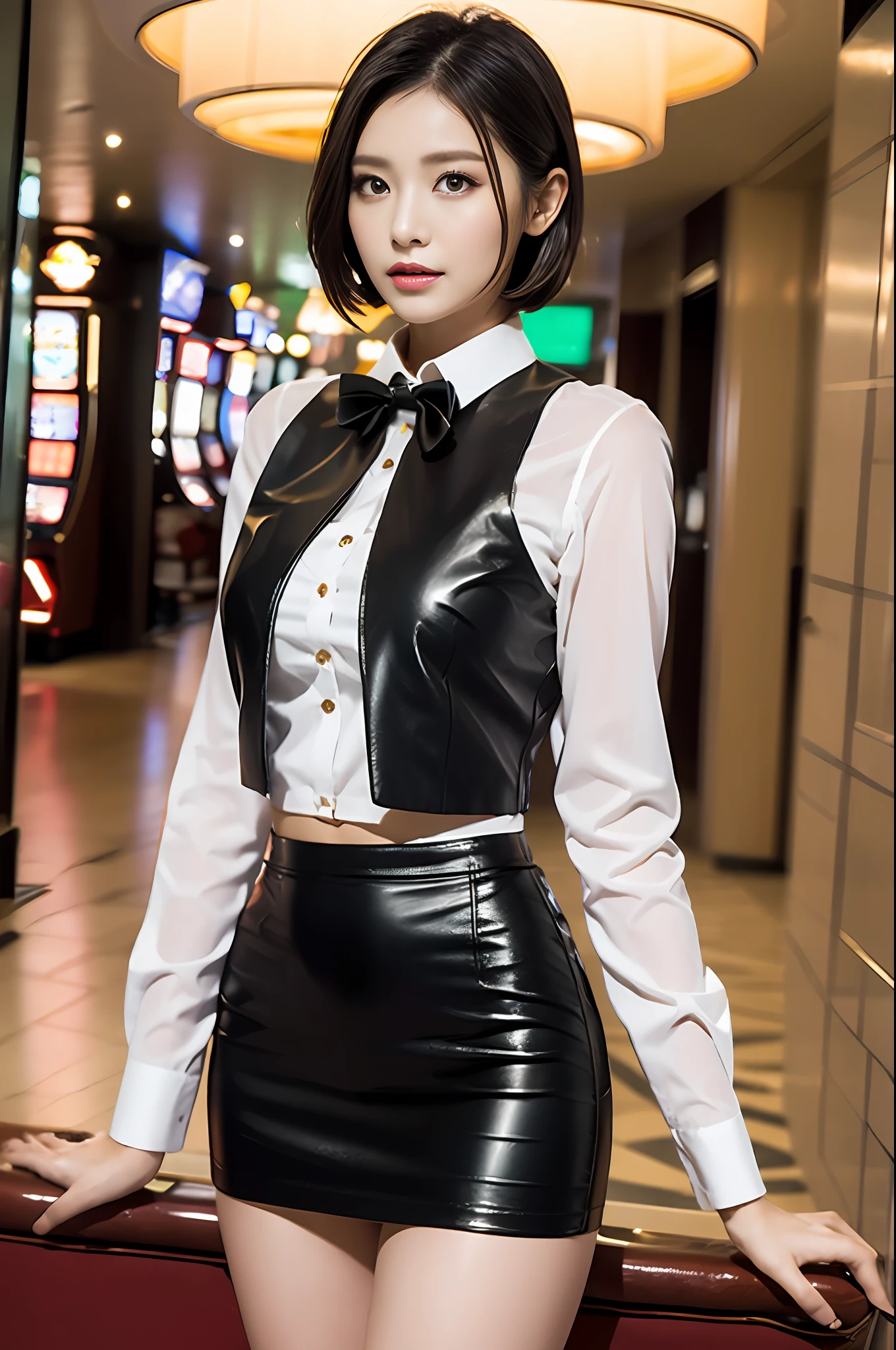 (highest quality, hight resolution, masterpiece:1.3) solo, girl, THE CASINO CROUPIER, BREAK green eyes, tsurime, pink and very short hair, large breasts, navel, detailed skin, BREAK White shirt, black short leather vest, black bow tie, black leather miniskirt, pencil skirt, Shallow slit, black high heels, casino