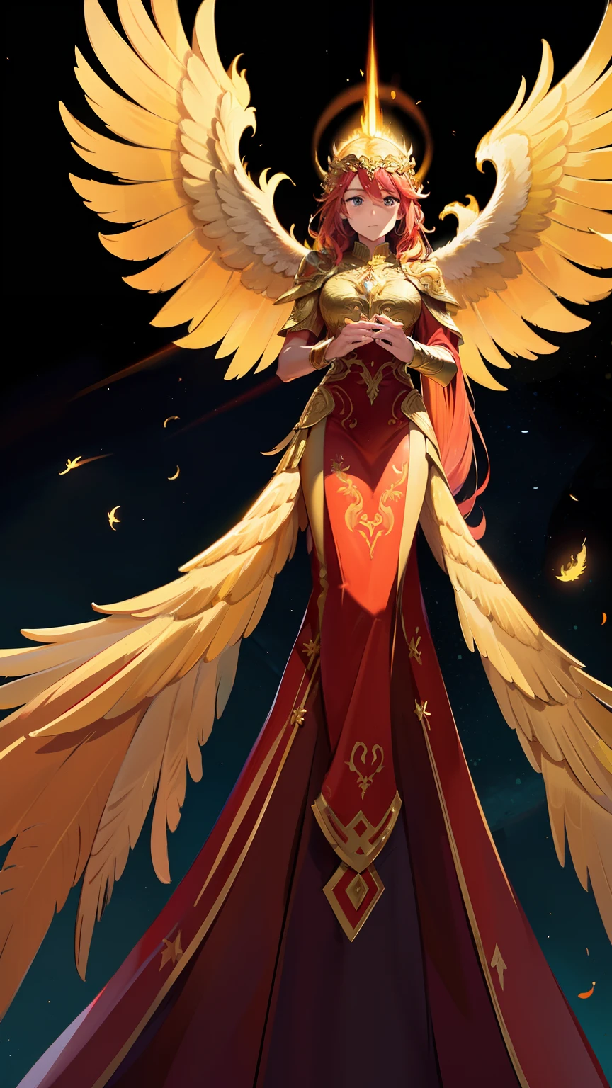 （Divine bird），（Fire Phoenix），（The fire light outlined the body of the phoenix)，warrioress，Phoenix Armor，Flap your wings，(Shining with golden light)，Solo,nigth,Multiple silhouettes，First-person elevation angle，super detailing，best qualtiy，tmasterpiece，（8K)，Extremely detailed，Epic artwork