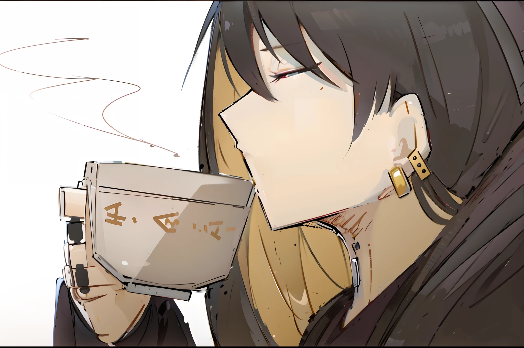 Anime girl drinking a cup of coffee，Smoke in the mouth, Is ((drink a tea)), Drinking tea, drinking a coffee, anime girls drink Energy drink, Drinking coffee, drinking a cup of coffee, author：Hosomura Kane, Aromatic, from girls frontline, hanayamata, coffee smell, mysterious coffee shop girl