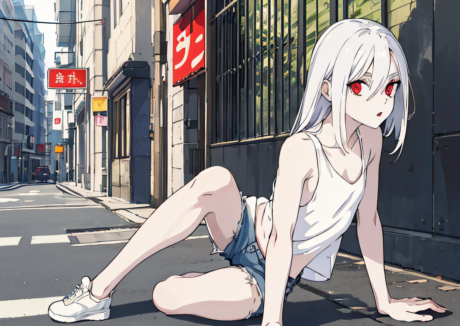 (masterpiece, best quality), young white haired girl in ponytial, red eyes, pale skin, skinny body, flat chest, tank top and shorts, on the street