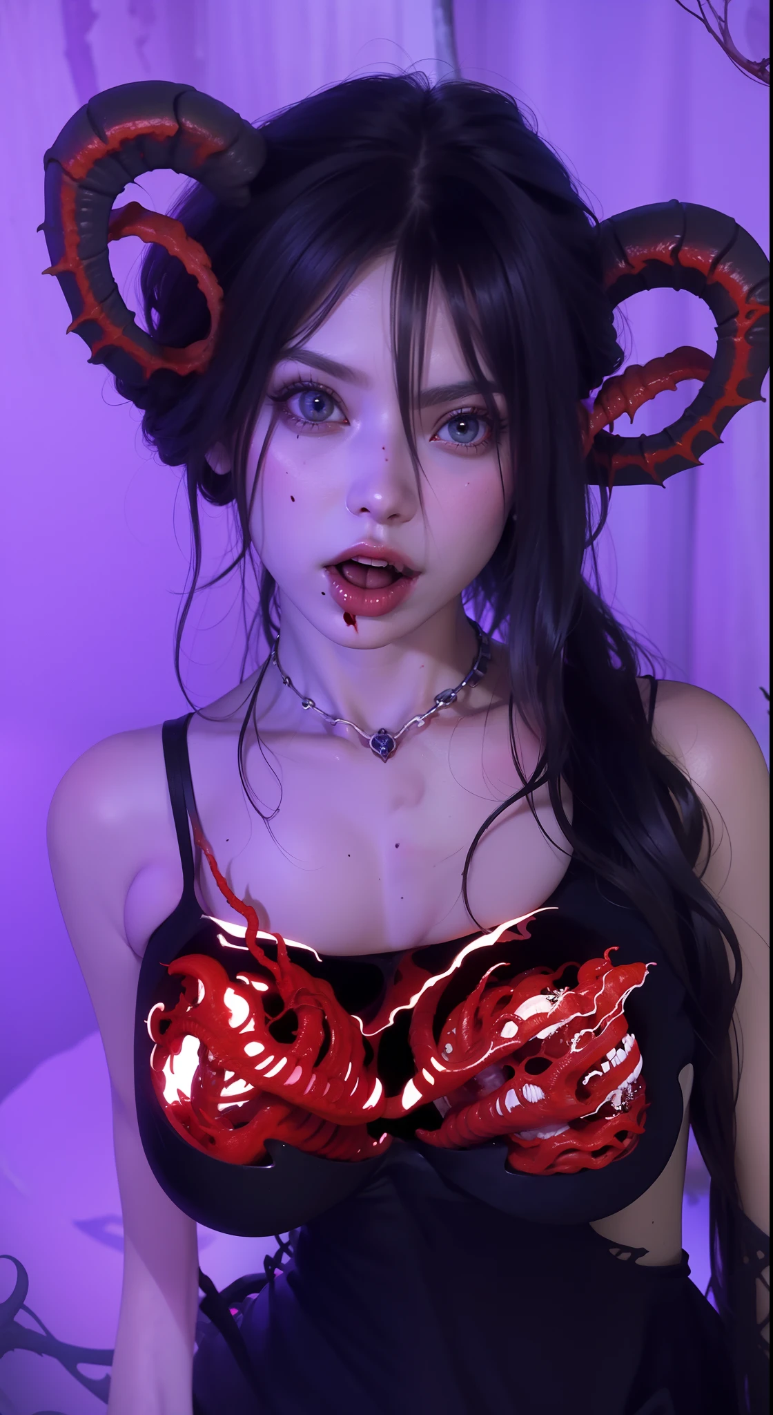 Fine matte painting, skeleton dark angel big wings haunted castle on drawing table full of knives, horror, spookiness, scary, secret horror, tentacles, vines, eyes, uncanny valley effect teeth, limbs, animals, blood moon，Stick out your tongue，drools