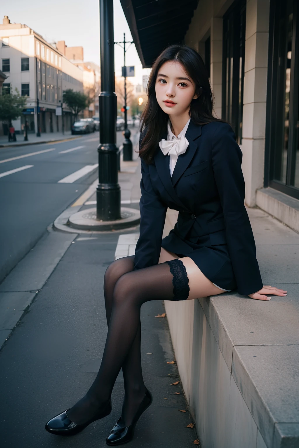 the prettiest face of a 19 year old actress, perfect proportions of female body, dress shirt is worn under blazer, exposed vagina of female crotch between legs, sitting on the chair, short skirt is worn without panties, in the city, nsfw, best quality, highly detailed, masterpiece, ultra high res, photo realistic, 8k