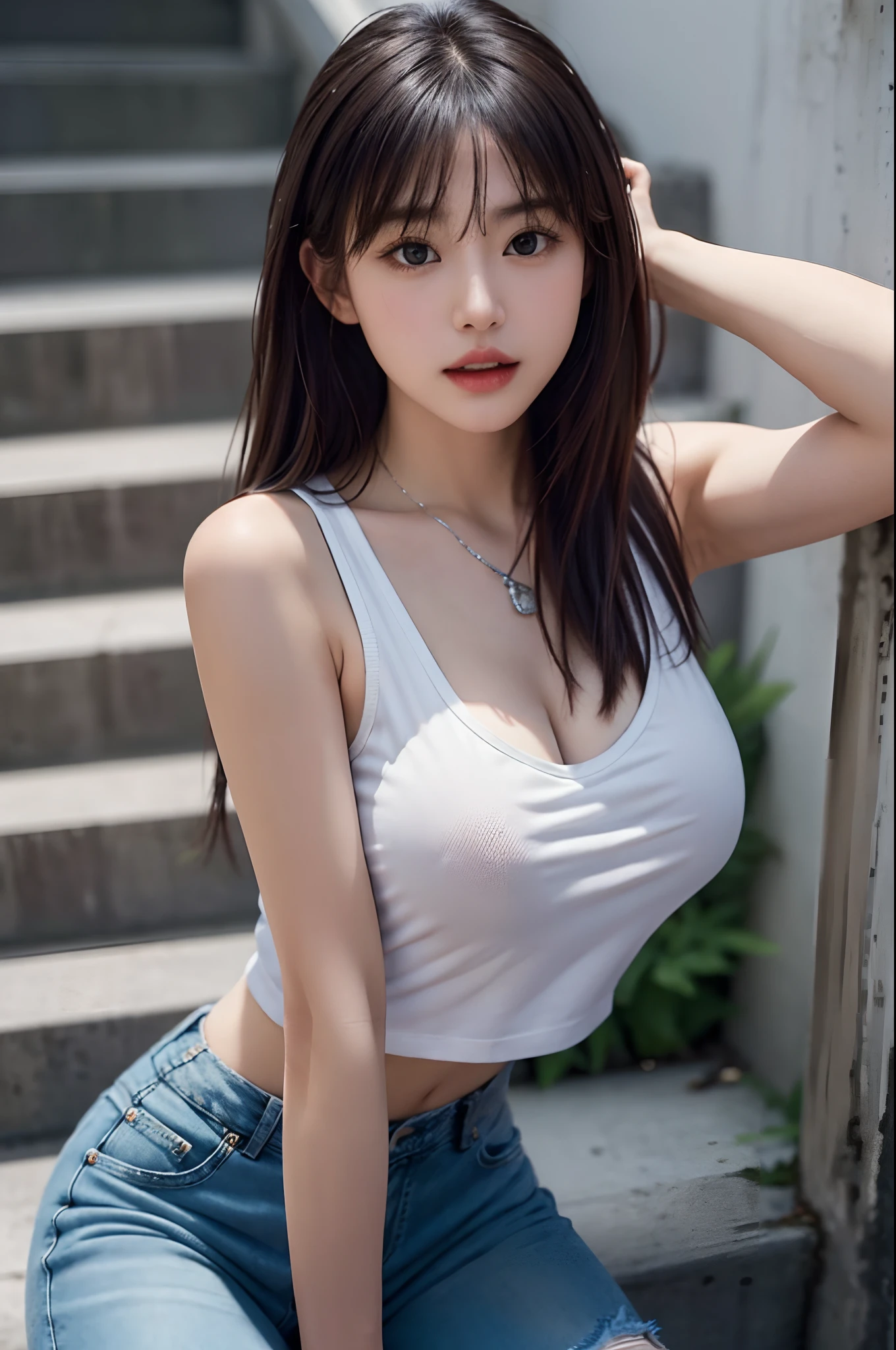 8K, Best Quality, real picture, Intricate details, Ultra-detailed, 超A high resolution, Depth Field,(Photorealistic,Realistic:1.2),masutepiece,white tank tops、Jeans shorts、sit on stairs、The background is a skyscraper district、Sunset between buildings、Seductive breasts、Seducting breasts、爆乳、Detailed eyebrows、A detailed eye、Detailed lips、Detailed mouth、Seductive thighs、The long-haired、disheveled hair、Fashion Model Pose、(Emphasis on the chest:1.2)、Silver necklace
