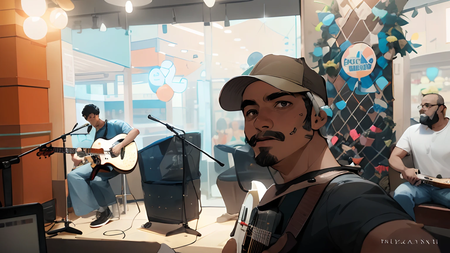 there is a man taking a selfie with a guitar in front of a window, profile pic, appearing in a shopping mall, singer songwriter, kyza saleem, new song, singer in the voice show, in a mall, candid picture, inspired by Bikash Bhattacharjee, mohamed chahin, live performance, facebook post, vinayak, performing on stage
