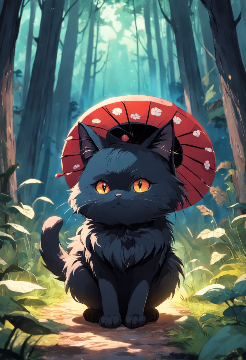 Cute creatures similar to black cats, Adorable, Cute, Furry, Fluffy, forest, mushrooms, Wear a hat