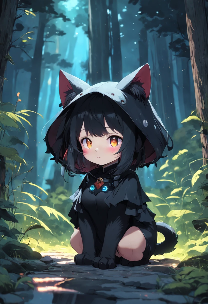 Cute creatures similar to black cats, Adorable, Cute, Furry, Fluffy, forest, mushrooms, Wear a hat