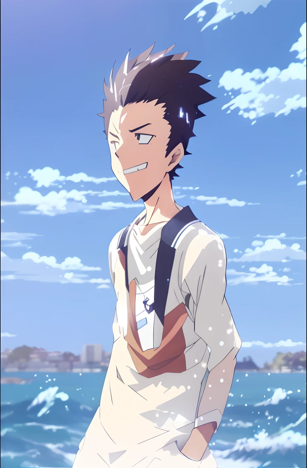 anime boy with black hair and white shirt standing in front of the ocean, in the anime film, official anime still, makoto shinkai style, high quality anime movie still, ( ( makoto shinkai ) ), ( ( ( yoshinari yoh ) ) ), official art, makoto shinkai!, makoto shinkai!!, kentaro miura!