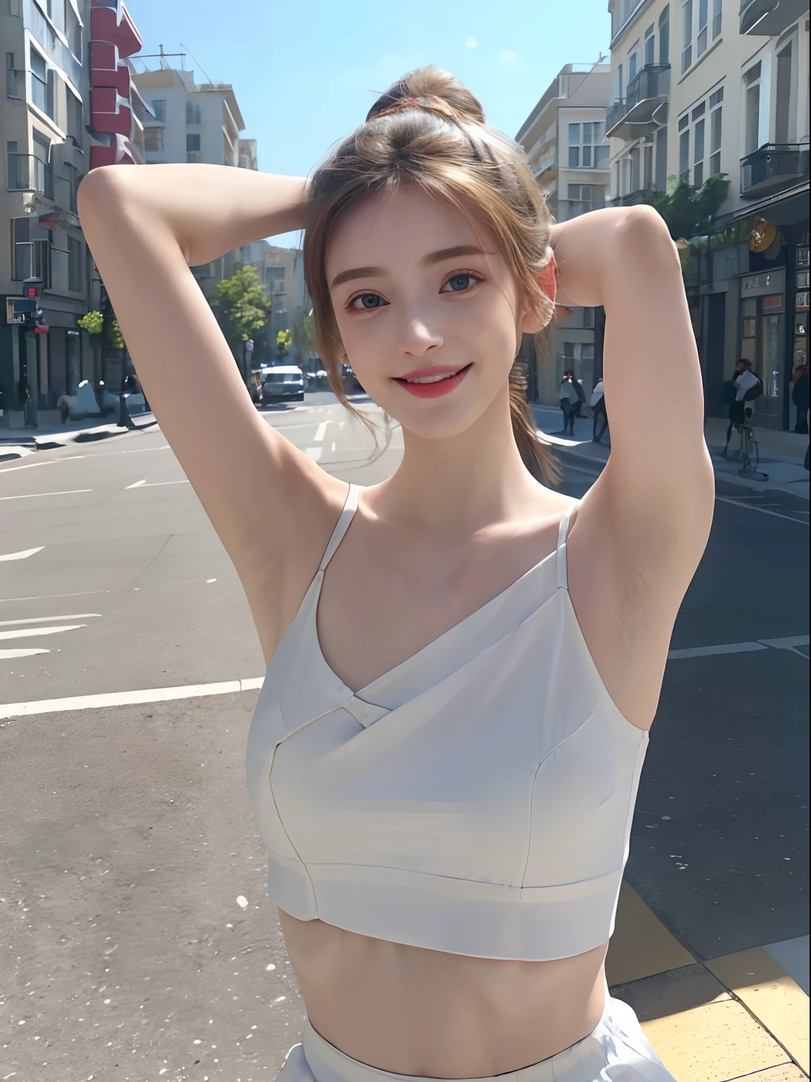 ((Show underarms、Armpit、Detailed armpit wrinkles、Raise your hands to show your armpits、in a street、In the city、Looking here、A smile、bright sunlight on the body、high-ponytail Hairstyle、More detailed underarm skin、Wrinkles in the armpits、Little black armpits))、top-quality, (reallistic:1.3), (真实感, Hyper-Realism:1.2), 1girl in, a white girl, (masterpiece), Convoluted (High Details), Detail skin, Short:1.2, (High Details:1.1), NSFW, HighDynamicRange, (beauitful face), Hillez, Directional writing, foco nítido, full body Esbian