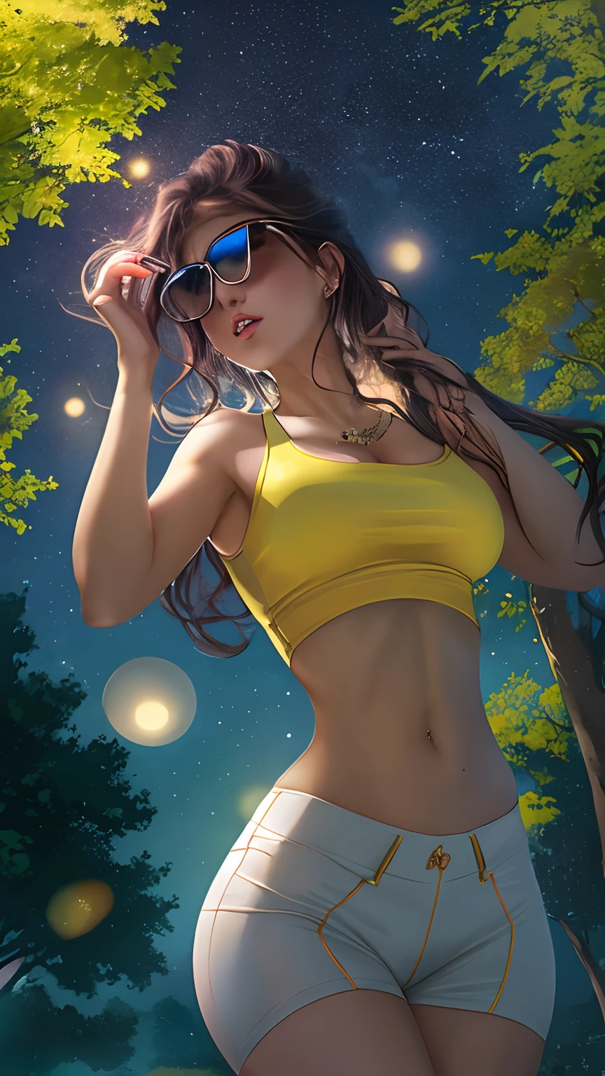 cleavage, a beautiful woman, from_above, close-up, crop top, detailed face, yellow bodycon tank top, hair, park, sky, trees, pale skin, moonlight, stars, 1girl, statement sunglasses, big breasts ,petite, vivid colors, bokeh background, subject for emphasis,dramatic colors , hyperealistic, masterpiece, best quality, nsfw