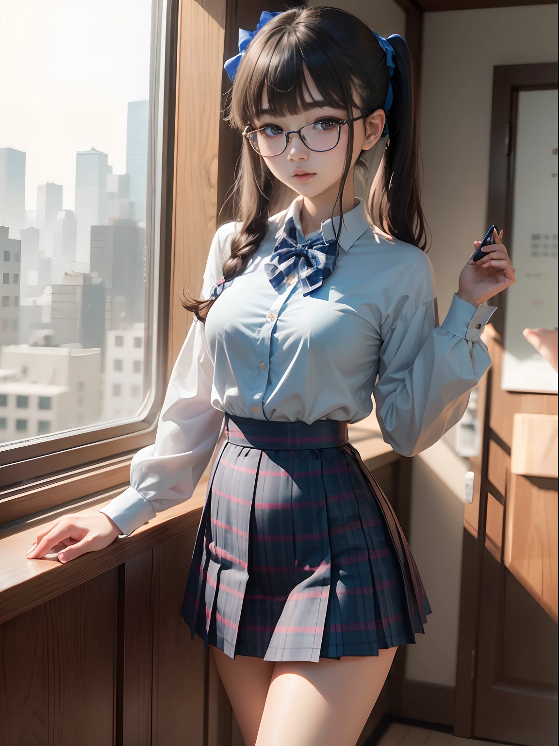 elvish,(8K、Raw photography、top-quality、masterpiece:1.2),watching at viewers,Looking at the front,short twintails,Bullish,Muchimuchi,Erotic,Pupils,Light Blue Bra,de pele branca,kne,(Black pantyhose),absurderes,a small face,small tits,flat breast,Parting the bangs from the middle、Forehead visible,(be shy,Tight eyes,glares,Bullish,skinny,Rasping,irate)、masterpiece,top-quality、超A high resolution,Raw photo,ren,Beautiful fece,One Person, 独奏,eye glass,,Dark look,Small breasts,fullllbody,Round glasses、cute little、Back to Student,JK school uniform,hi-school girl,A Japanese Lady,is standing,(Photorealsitic:1.37)、Photon mapping,Realistic、Cute little face,Brown-eyed、Black socks、(Red bow tie)、Radio City、Physically Based Rendering、Foreground、depth of fields、Blurry background、a picture,The girls、Body,beauty legs, Long legs, Thin leg,Tie your hair into one strand on your chest,(Bangs are visible), hair, s lips, Blue_The eye, nosesoft,(Light blue shirt), (Navy and blue and white plaid pleated skirt), Knees are visible,Sheer clothing,, Thigh, Black cotton socks,Nogizaka Idol, 女優, Japanese ido