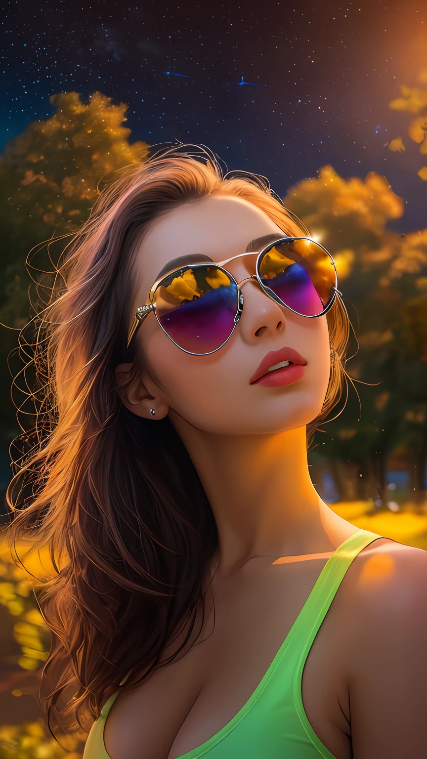 cleavage, a beautiful woman, from_above, close-up, crop top, detailed face, yellow bodycon tank top, hair, park, sky, trees, pale skin, moonlight, stars, 1girl, statement sunglasses, big breasts ,petite, vivid colors, bokeh background, subject for emphasis,dramatic colors , hyperealistic, masterpiece, best quality, nsfw