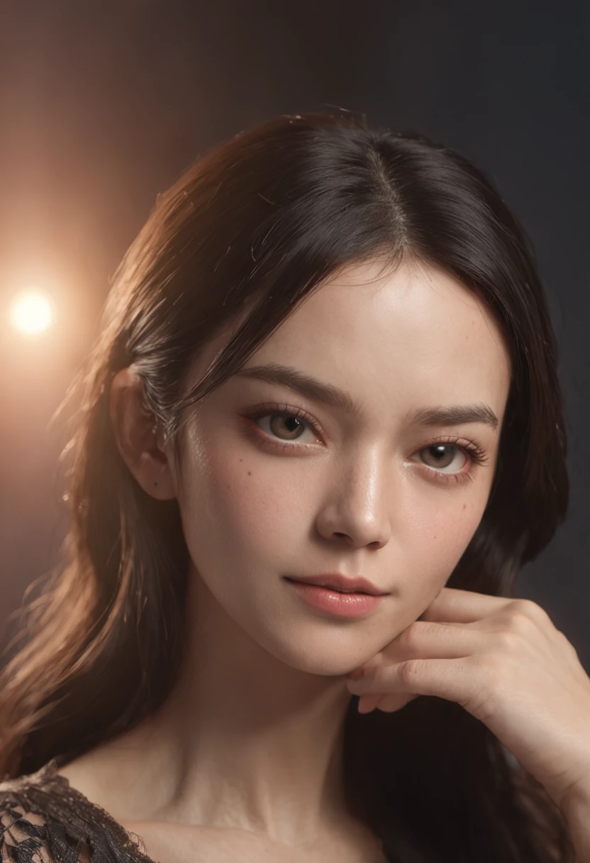 (masterpiece), a beautiful woman, ((black eyes)), black hair, pear-shaped body, realistic, hyperrealistic, beautiful face, delicate facial features, high detail, high quality, best quality, 16k, lens flare, atmosphere, glow, detailed, intricate, full of colour, cinematic lighting, hyperrealistic, focused, extreme details, professional lighting, photon mapping, radiosity, physically-based rendering, stunning realistic photograph, 3d render, octane render, intricately detailed, cinematic, trending on artstation, Isometric, Centered hipereallistic cover photo, awesome full color, high definition, ultra sharp focus, intricate artwork masterpiece
