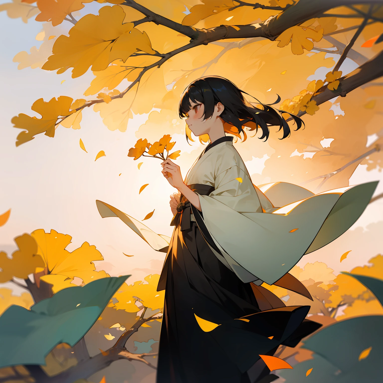 In the midst of a beautiful and aesthetic breeze passing through、The ritual begins under a large ginkgo tree。One girl stands in the center、Her colorful hair sparkles in black and orange、It seems to resonate with the beauty of the sunset。The surrounding sky is dyed with a beautiful sunset、The scenery is fantastic.。Girl dressed in traditional Japanese clothes、Pray for longevity and solemnity to the participants with gentle expressions。Gingko leaves scatter like dancing in the wind。This ritual is、Calming the souls of participants、Bringing Deep Peace。