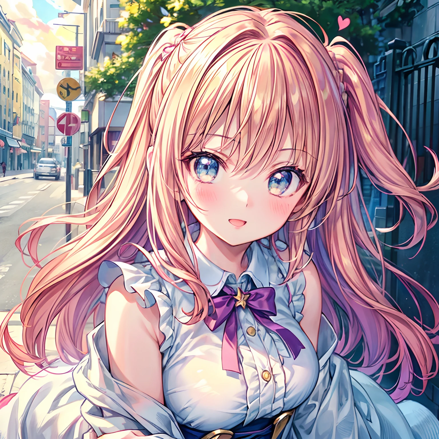 (masterpiece:1.1), (best quality:1.1), (anime screencap:1.1) of (1girl in the street, heart eyes, 😍, blushing, smiling wide, open mouth, pink, yellow, light yellow, azure, big eyes, looking at the viewer, white coat:1), crepuscular rays, (pouty lips, portrait, close up), (crisp:1.1), (ultra detailed), centered, colorful, glowing, (depth of field), finely detailed, (edge detection:1), (120mm), beautiful eyes, (sunlit:1.1), fine art, creative, face, bokeh