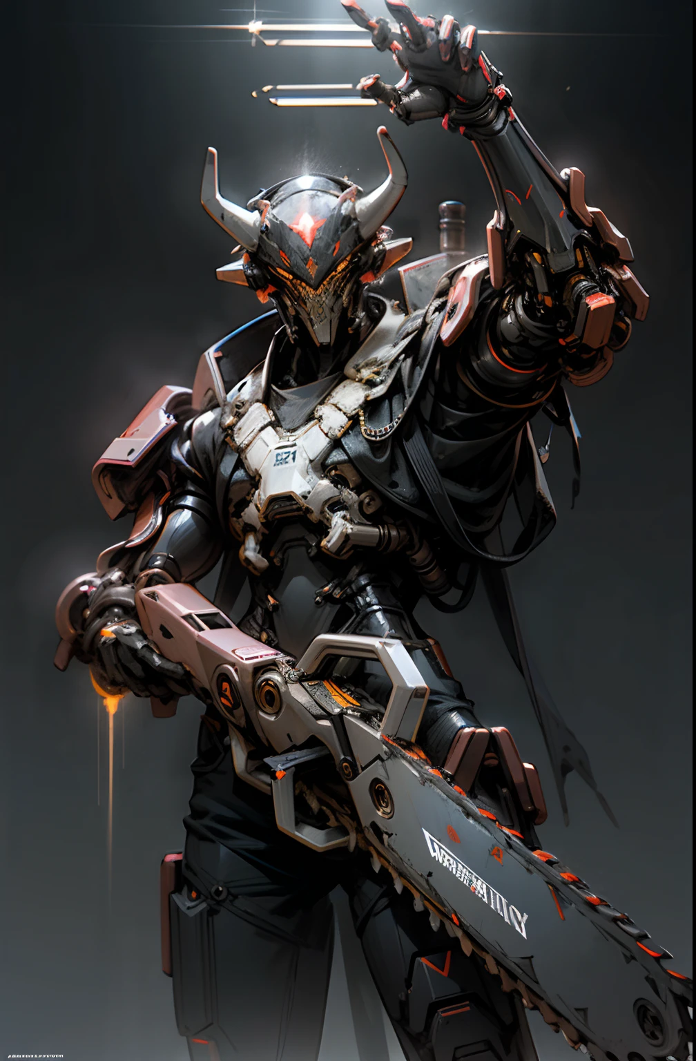 Dark fantasy cyberpunk robot,chainsaw, ((chainsaw arm)),red armor,high contrast, mechanical body,neon lightning,   neon lights, cyberpunk dragon in background ,modern,minimalistc, broken left arm of robot,male robot,fully detailed, dynamic, bokeh shot,cow boy shot, sharp metal