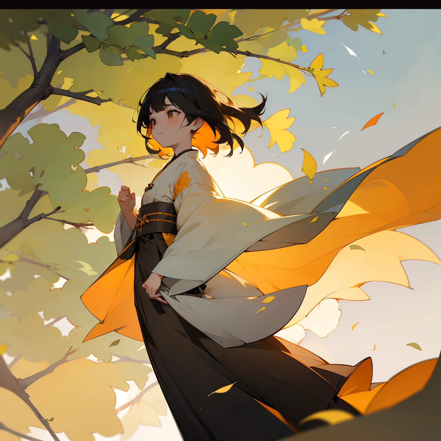 In the midst of a beautiful and aesthetic breeze passing through、The ritual begins under a large ginkgo tree。One girl stands in the center、Her colorful hair sparkles in black and orange、It seems to resonate with the beauty of the sunset。The surrounding sky is dyed with a beautiful sunset、The scenery is fantastic.。Girl dressed in traditional Japanese clothes、Pray for longevity and solemnity to the participants with gentle expressions。Gingko leaves scatter like dancing in the wind。This ritual is、Calming the souls of participants、Bringing Deep Peace。