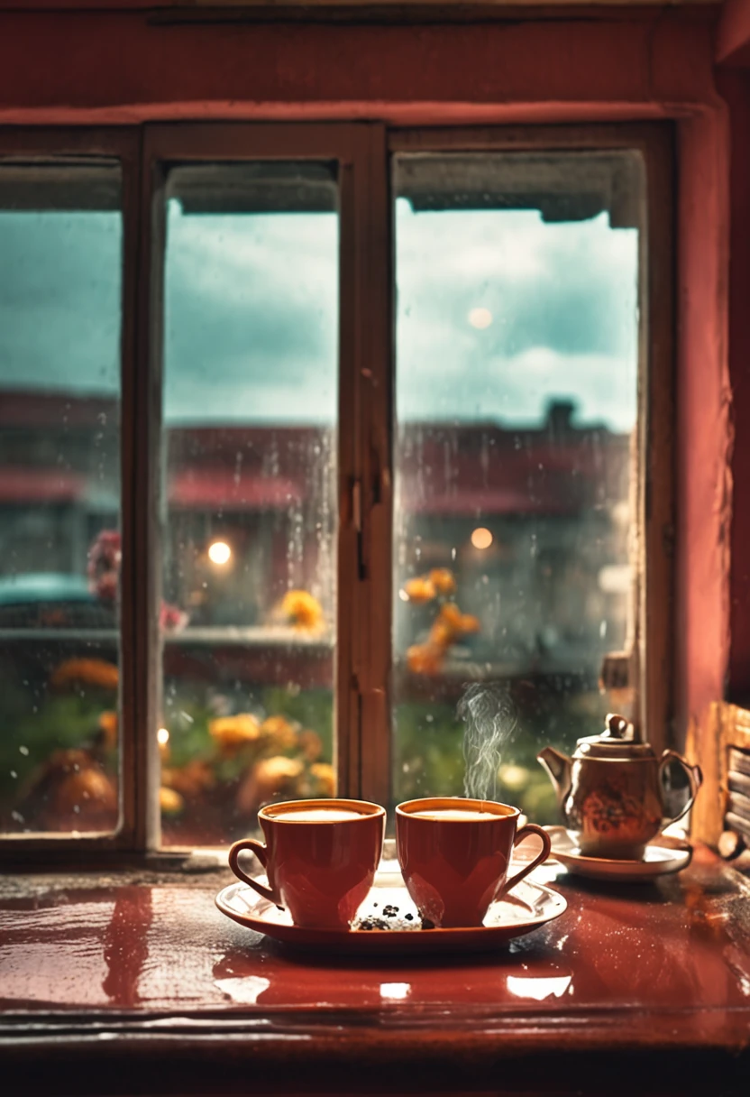 There was a cup of hot tea on the table in front of the window Wind and rain outside the window