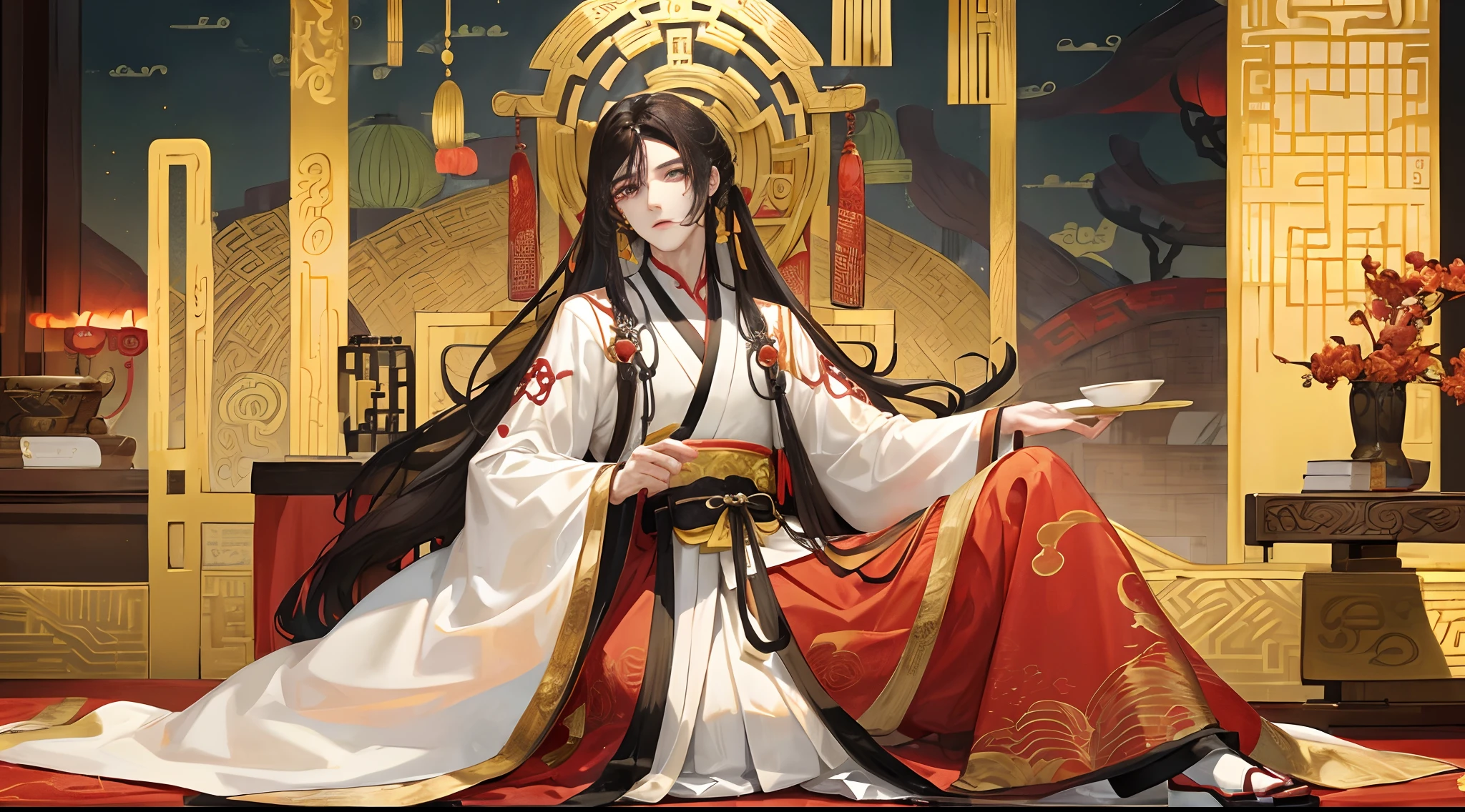 tmasterpiece，Need，throne，，Hanfu，Exquisitely，1人，Mature men，China-style，Ancient China，brunette color hair，blackigeyes，White skin and beautiful appearance，long whitr hair，with long bangs，handsome，handsome，virile，serious，gentleness，large tall，chill out, Gold blend, Gold pattern, Dragon Pattern Road, Taoist, palaces，Yellow robe