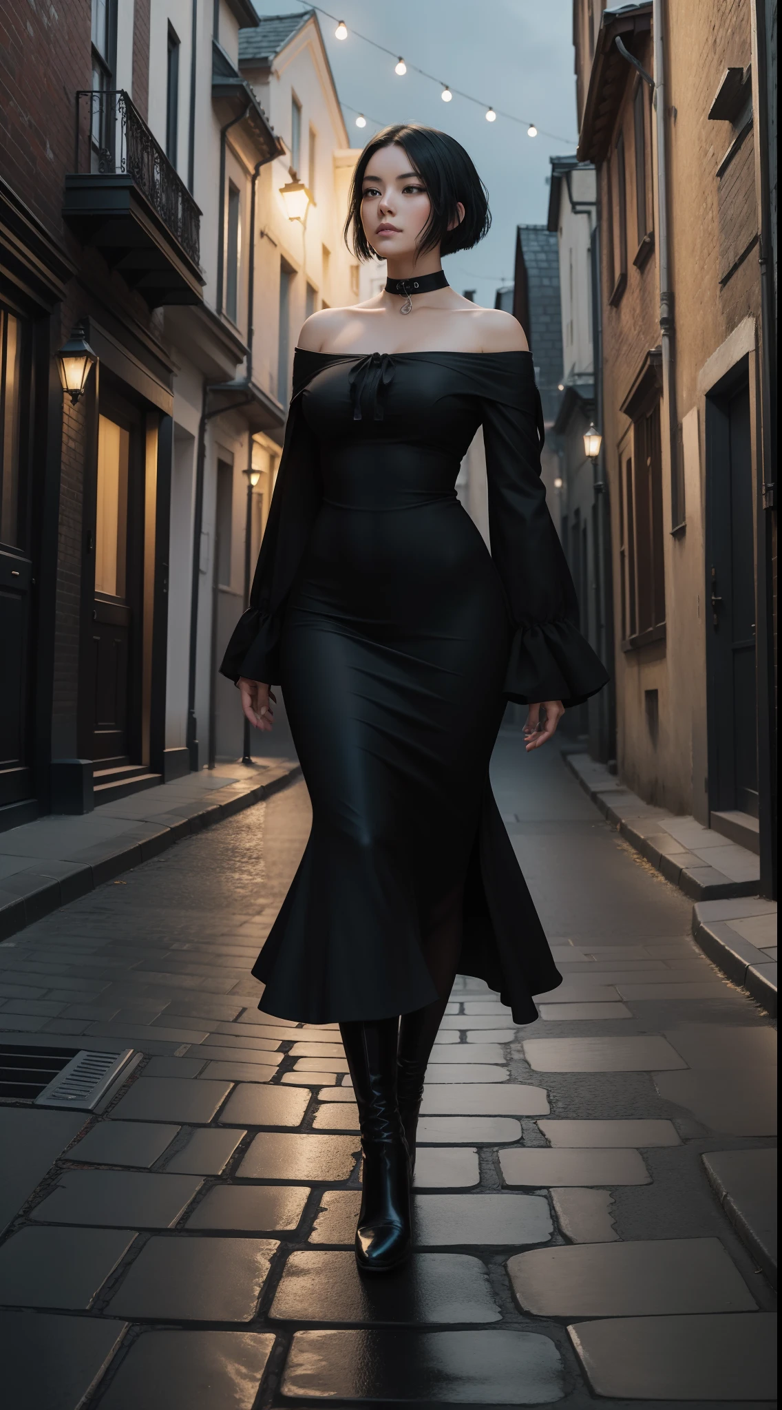 A woman wearing black attire stands on a cobbled street from the 1800s, her short, raven hair barely visible from afar. The view is captured from a distance, focusing on the elegant lines of her figure against the backdrop of gas-lit vintage architecture. This scene is painted in the style of Vincent van Gogh, with bold, swirling brushstrokes that evoke movement and emotion. The canvas itself tells a story of an era long gone, where mystery and nostalgia intertwine at night. --ar 16:9 --v 5