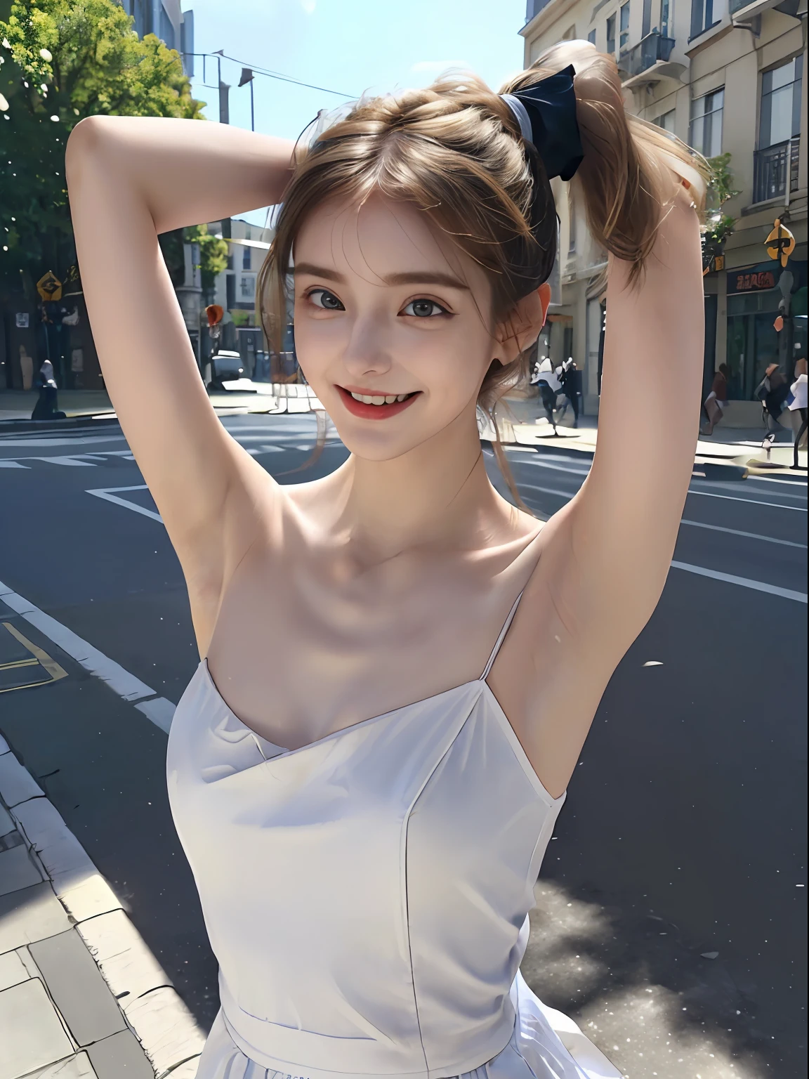 ((Show underarms、Armpit、Detailed armpit wrinkles、Raise your hands to show your armpits、in a street、In the city、Looking here、A smile、bright sunlight on the body、high-ponytail Hairstyle、More detailed underarm skin、Wrinkles in the armpits、Little black armpits))、top-quality, (reallistic:1.3), (真实感, Hyper-Realism:1.2), 1girl in, a white girl, (​masterpiece), Convoluted (High Details), Detail skin, Short:1.2, (High Details:1.1), NSFW, HighDynamicRange, (beauitful face), Hillez, Directional writing, foco nítido, full body Esbian