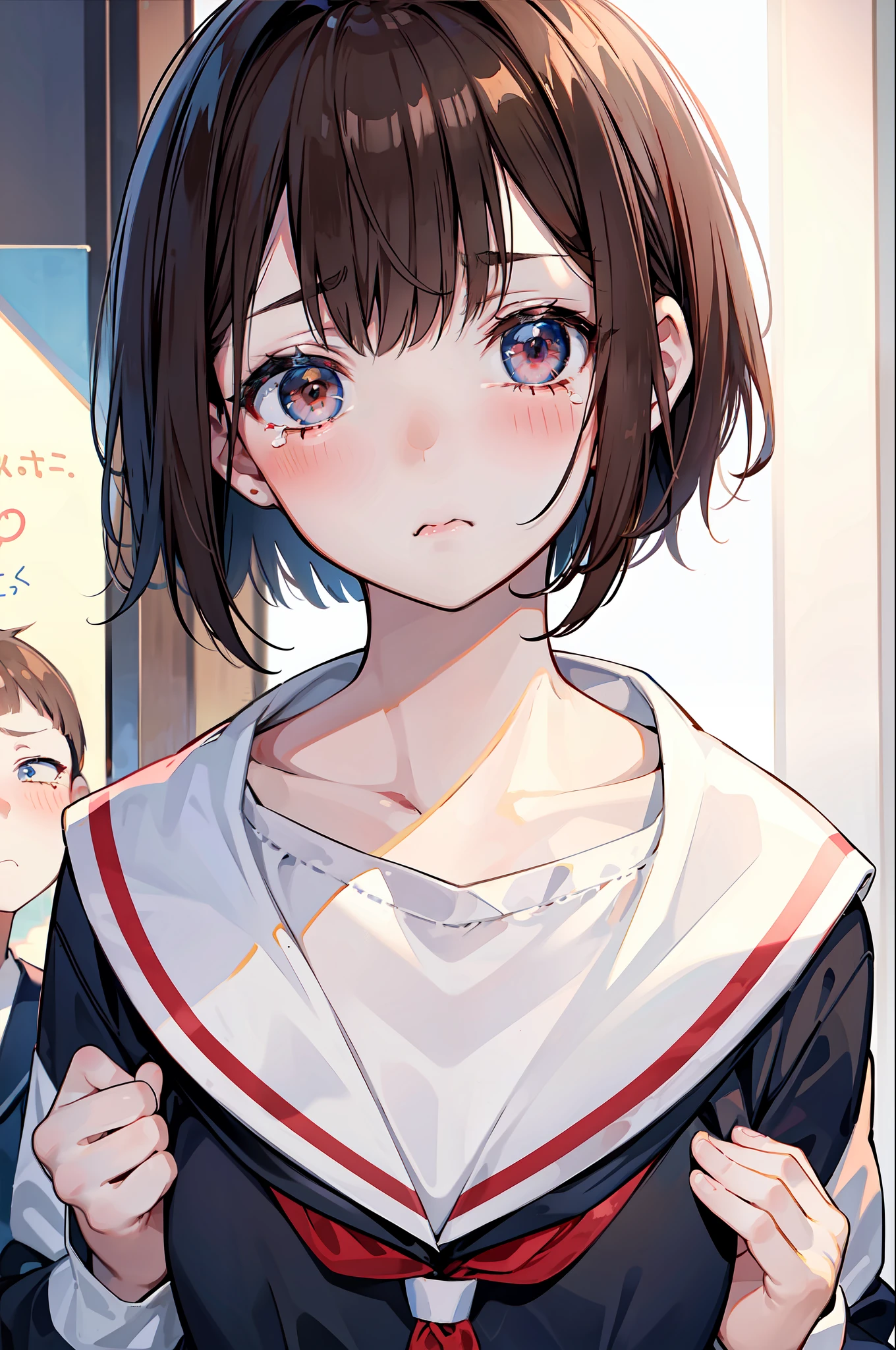 Brown hair bob cut girl in sailor suit at school。red blush、Teary-eyed、angry expressions
