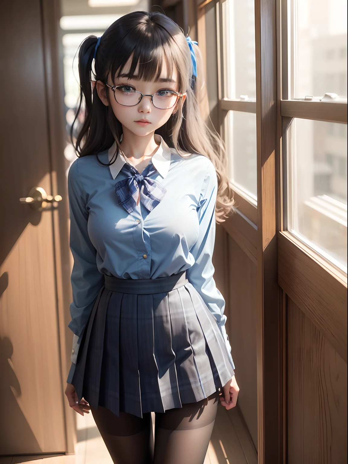 elvish,(8K、Raw photography、top-quality、masterpiece:1.2),watching at viewers,Looking at the front,short twintails,Bullish,Muchimuchi,Erotic,Pupils,Light Blue Bra,de pele branca,kne,(Black pantyhose),absurderes,a small face,small tits,flat breast,Parting the bangs from the middle、Forehead visible,(be shy,Tight eyes,glares,Bullish,skinny,Rasping,irate)、masterpiece,top-quality、超A high resolution,Raw photo,ren,Beautiful fece,One Person, 独奏,eye glass,,Dark look,Small breasts,fullllbody,Round glasses、cute little、Back to Student,JK school uniform,hi-school girl,A Japanese Lady,is standing,(Photorealsitic:1.37)、Photon mapping,Realistic、Cute little face,Brown-eyed、Black socks、(Red bow tie)、Radio City、Physically Based Rendering、Foreground、depth of fields、Blurry background、a picture,The girls、Body,beauty legs, Long legs, Thin leg,Tie your hair into one strand on your chest,(Bangs are visible), hair, s lips, Blue_The eye, nosesoft,(Light blue shirt), (Navy and blue and white plaid pleated skirt), Knees are visible,Sheer clothing,, Thigh, Black cotton socks,Nogizaka Idol, 女優, Japanese ido