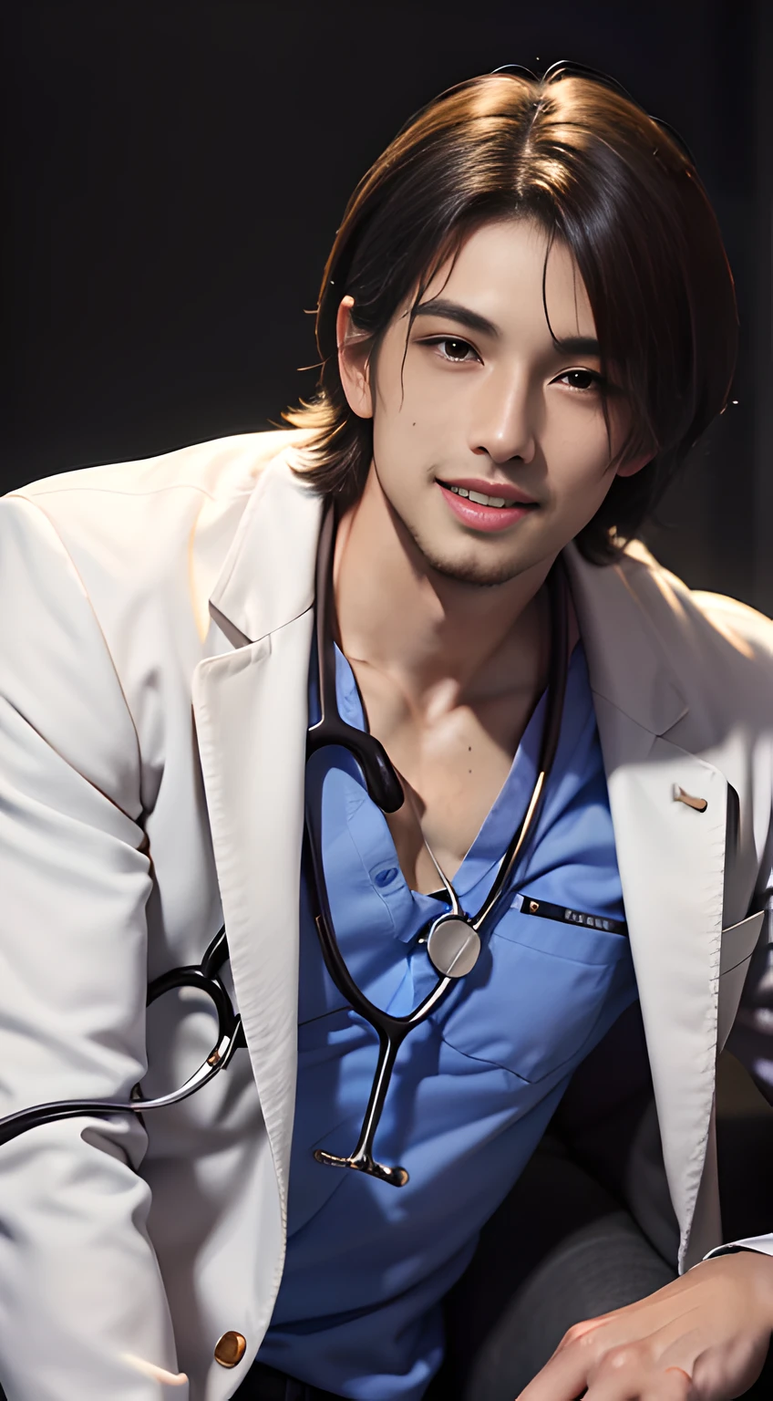 ((Men only)), (head shot), (lying down), (handsome muscular man in his 20s), (A doctor with a professional demeanor, white coat, stethoscope, and an approachable, reassuring smile), (Leon Kennedy), (Mischievous smile), (detaile: 1 in 1), Natural muscles, HIG quality, beautidful eyes, (Detailed face and eyes), (Face、: 1 / 2), Noise, Real Photographics、... .................................................................................................................PSD, Sharp Focus, High resolution 8K, realisitic & Professional Photography, 8K UHD, Soft lighting, High quality, Film grain, FujifilmXT3