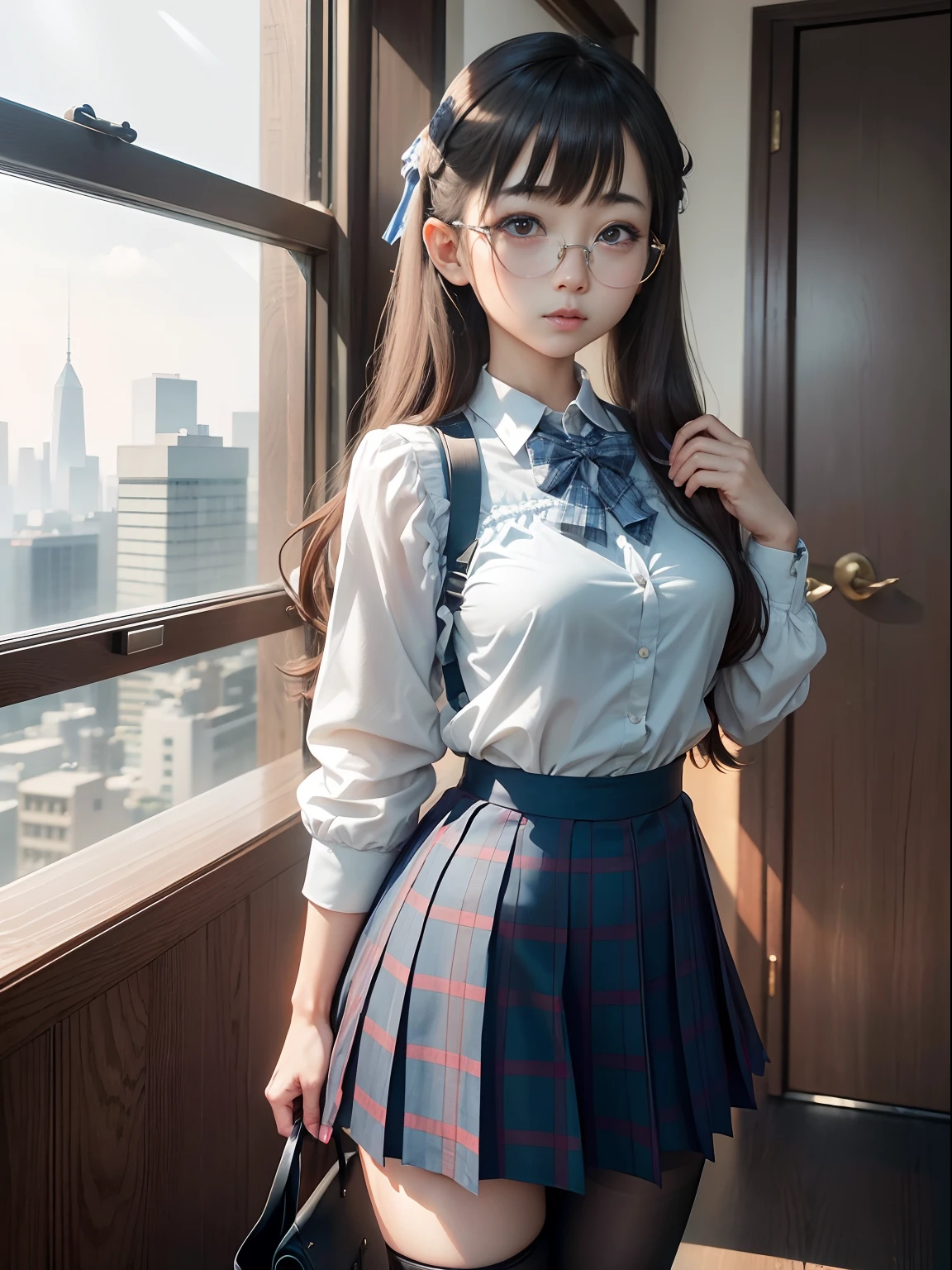 elvish,(8K、Raw photography、top-quality、masterpiece:1.2),watching at viewers,Looking at the front,short twintails,Bullish,Muchimuchi,Erotic,Pupils,Light Blue Bra,de pele branca,kne,(Black pantyhose),absurderes,a small face,small tits,flat breast,Parting the bangs from the middle、Forehead visible,(be shy,Tight eyes,glares,Bullish,skinny,Rasping,irate)、masterpiece,top-quality、超A high resolution,Raw photo,ren,Beautiful fece,One Person, 独奏,eye glass,,Dark look,Small breasts,fullllbody,Round glasses、cute little、Back to Student,JK school uniform,hi-school girl,A Japanese Lady,is standing,(Photorealsitic:1.37)、Photon mapping,Realistic、Cute little face,Brown-eyed、Black socks、(Red bow tie)、Radio City、Physically Based Rendering、Foreground、depth of fields、Blurry background、a picture,The girls、Body,beauty legs, Long legs, Thin leg,Tie your hair into one strand on your chest,(Bangs are visible), hair, s lips, Blue_The eye, nosesoft,(Light blue shirt), (Navy and blue and white plaid pleated skirt), Knees are visible,Sheer clothing,, Thigh, Black cotton socks,Nogizaka Idol, 女優, Japanese ido