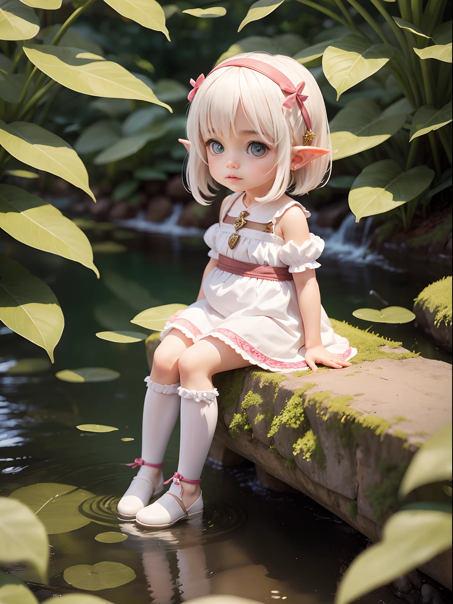 1 , short hair white color, elf ear, sit by the river