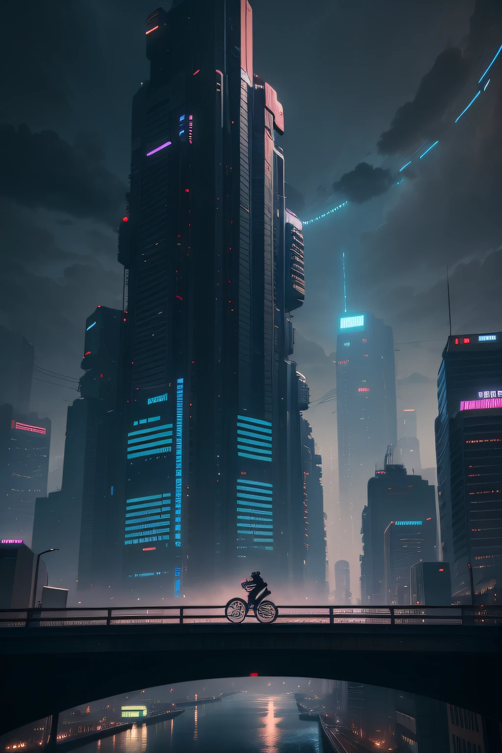 There is a photo of a man riding a bicycle on a bridge, urban concept art, anime style cityscape, inspired by Liam Wong, Concept art wallpaper 4K, Dystopian digital concept art, bastien grivet, cyberpunk city landscape, in style of atey ghailan, cloudpunk, Inspired by Atey ghailan, Cyberpunk City in the distance city，blue-sky，Future wind，High-rise buildings，sci-fy，cyber punk perssonage。neonlight，Sci-fi high-rises，dark cloude，Dim sky