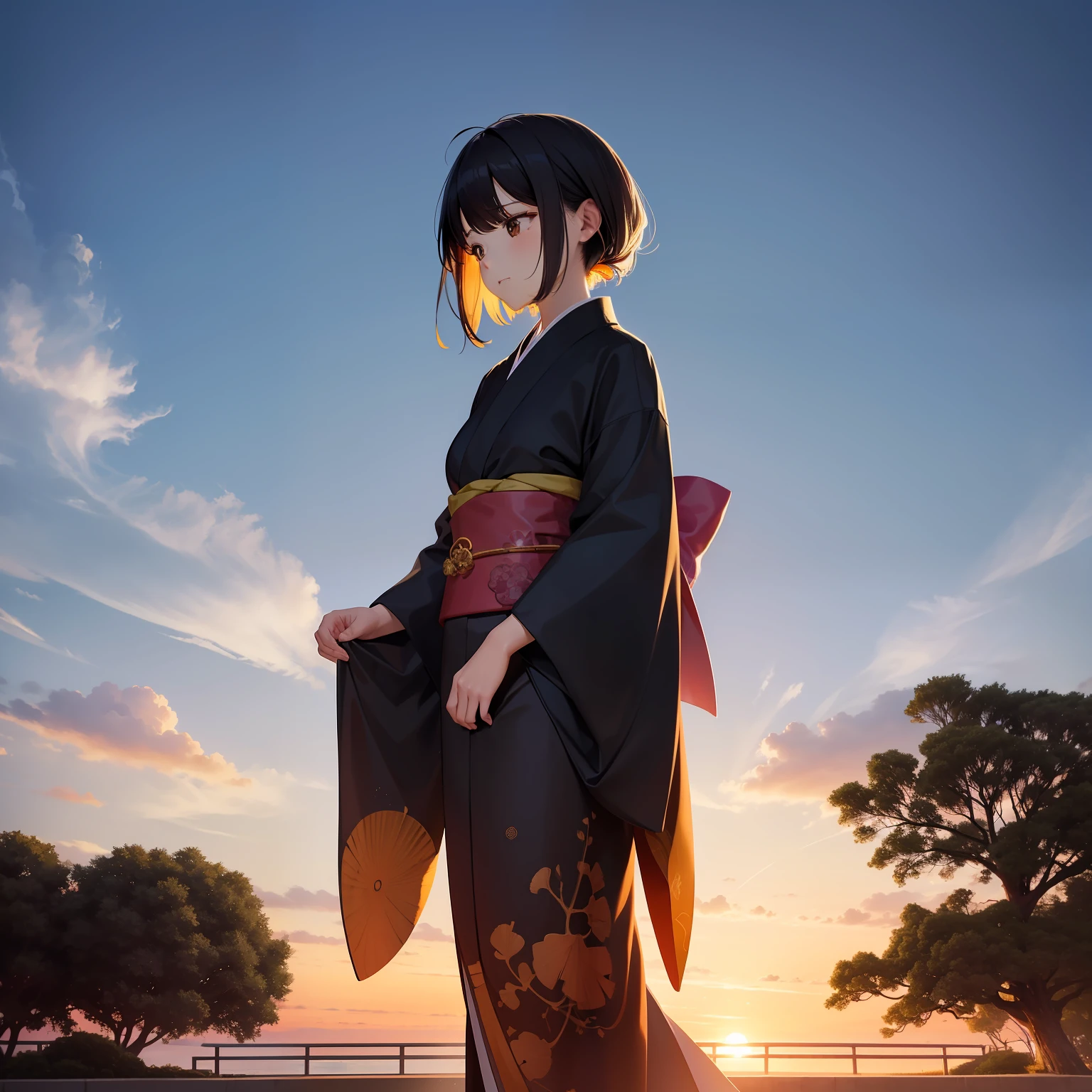 Beautiful and aesthetic sunsets color the sky、One girl stands in that colorful light。Her hair is a colorful combination of black and orange、It's like reflecting a sunset。Behind it is、A large ginkgo tree towers、Golden ginkgo tree fluttering in the wind。She wears a kimono、Its gentle expression is、It gives a feeling of longevity and solemnity.。This scene is really amazing.、You can feel the soul calm by touching its beauty。