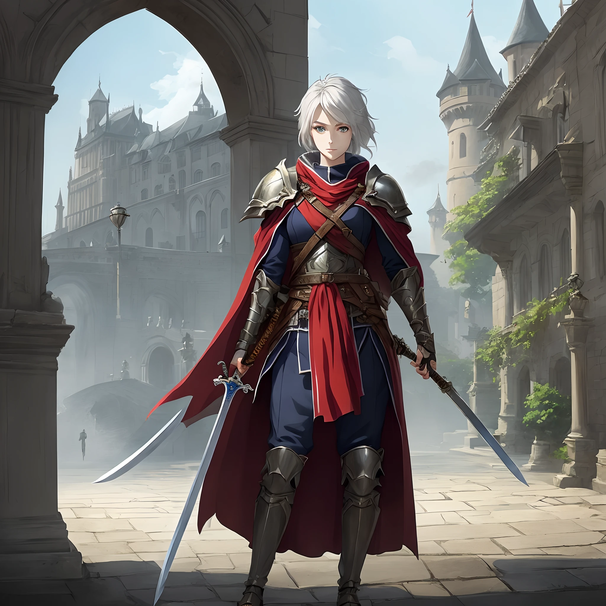 full body view of young female with sword and cape holding sword in hand, In front of the gate of the royal castle, official character art, young female, pretty female cleric, fus rei, cushart krenz key art feminine, female cleric, she is holding a sword, gorgeous female paladin, ( ( character concept art ) ), portrait of a female anime hero, ashe