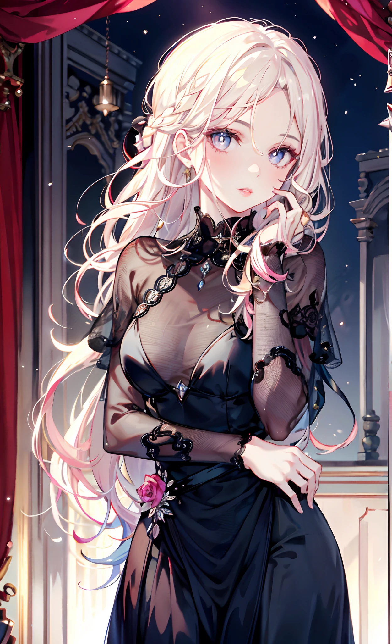 (Complete head：1.9)，meticulous portrayal of face，1 noblewoman，a matural female，Black dress long dress，Pink White Long Hair，Curtain of night，Prom background，  s the perfect face， perfect hand， Perfect Finger， Perfect lips， perfect  eyes， Perfect background