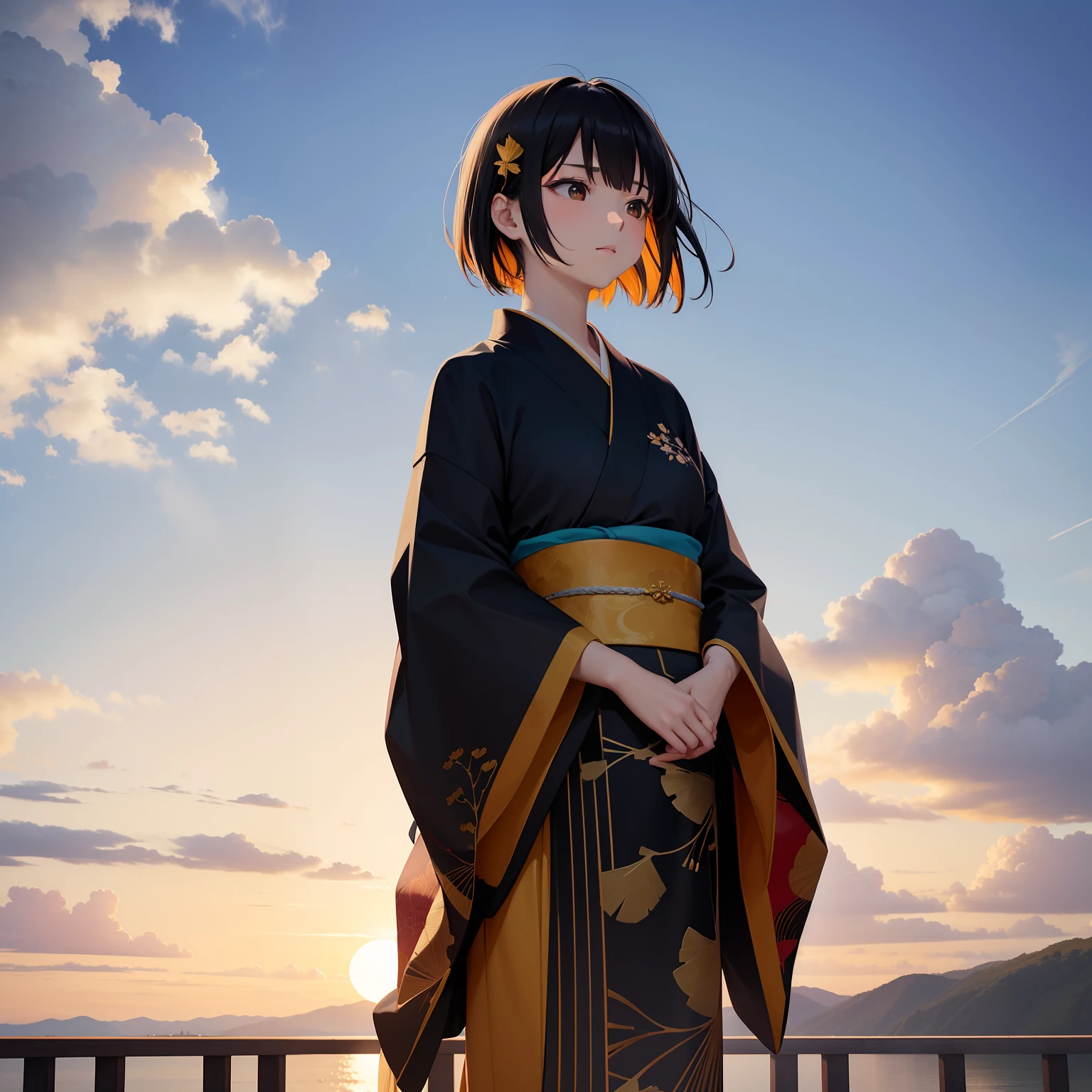 Beautiful and aesthetic sunsets color the sky、One girl stands in that colorful light。Her hair is a colorful combination of black and orange、It's like reflecting a sunset。Behind it is、A large ginkgo tree towers、Golden ginkgo tree fluttering in the wind。She wears a kimono、Its gentle expression is、It gives a feeling of longevity and solemnity.。This scene is really amazing.、You can feel the soul calm by touching its beauty。