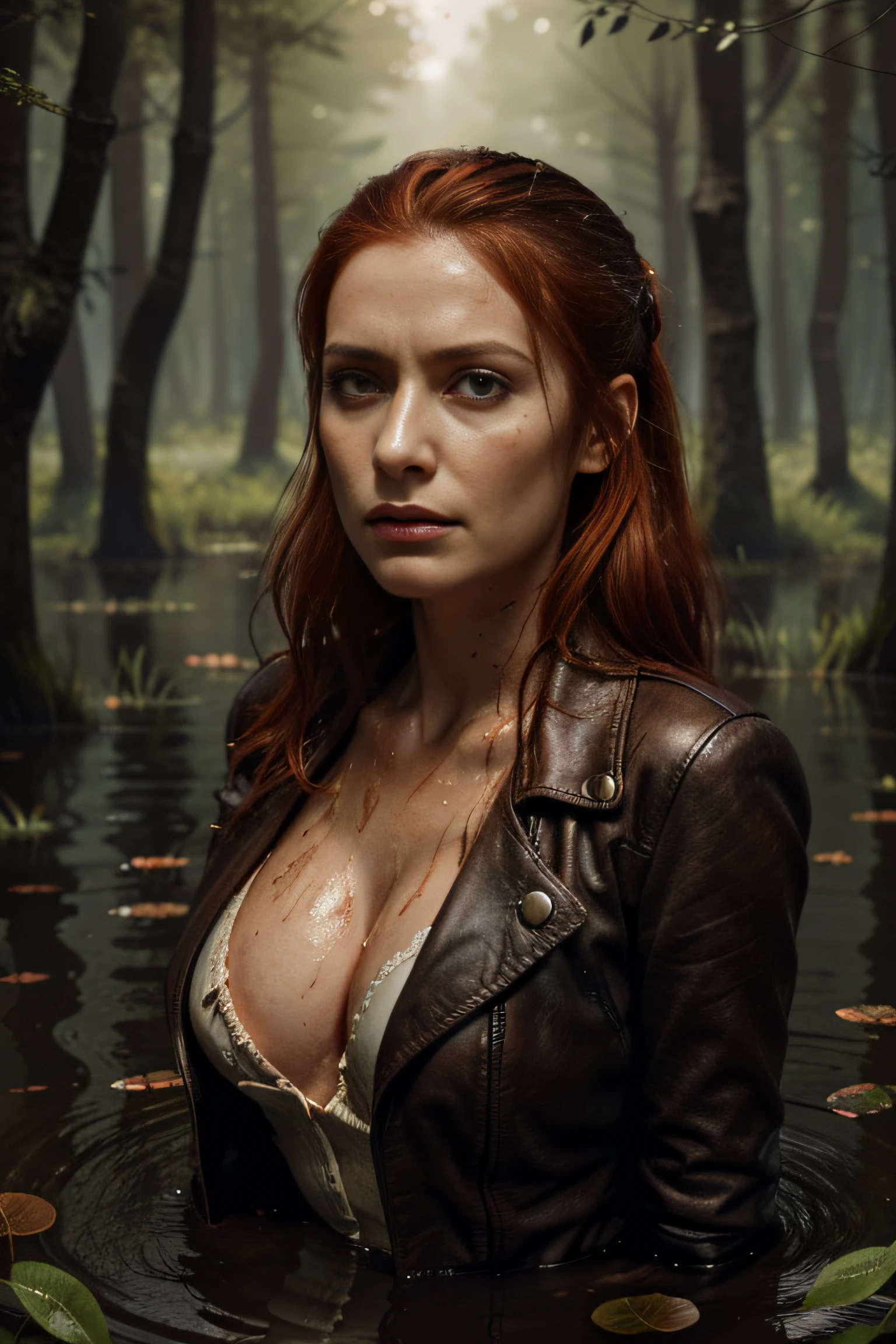 Hyper-realistic, ultradetailed, tmasterpiece. a closeup of a. (A night in a dark forest:1.3). The woman, (Tormented by lust:1.3), (drowning in a swamp). mini skirt, black stockings with garters on the legs, leather jacket, black stiletto heels, (emaciated face:1.4), (dehydrated face:1.5), (outcast, Les Misérables:1.2), Copper-red hair