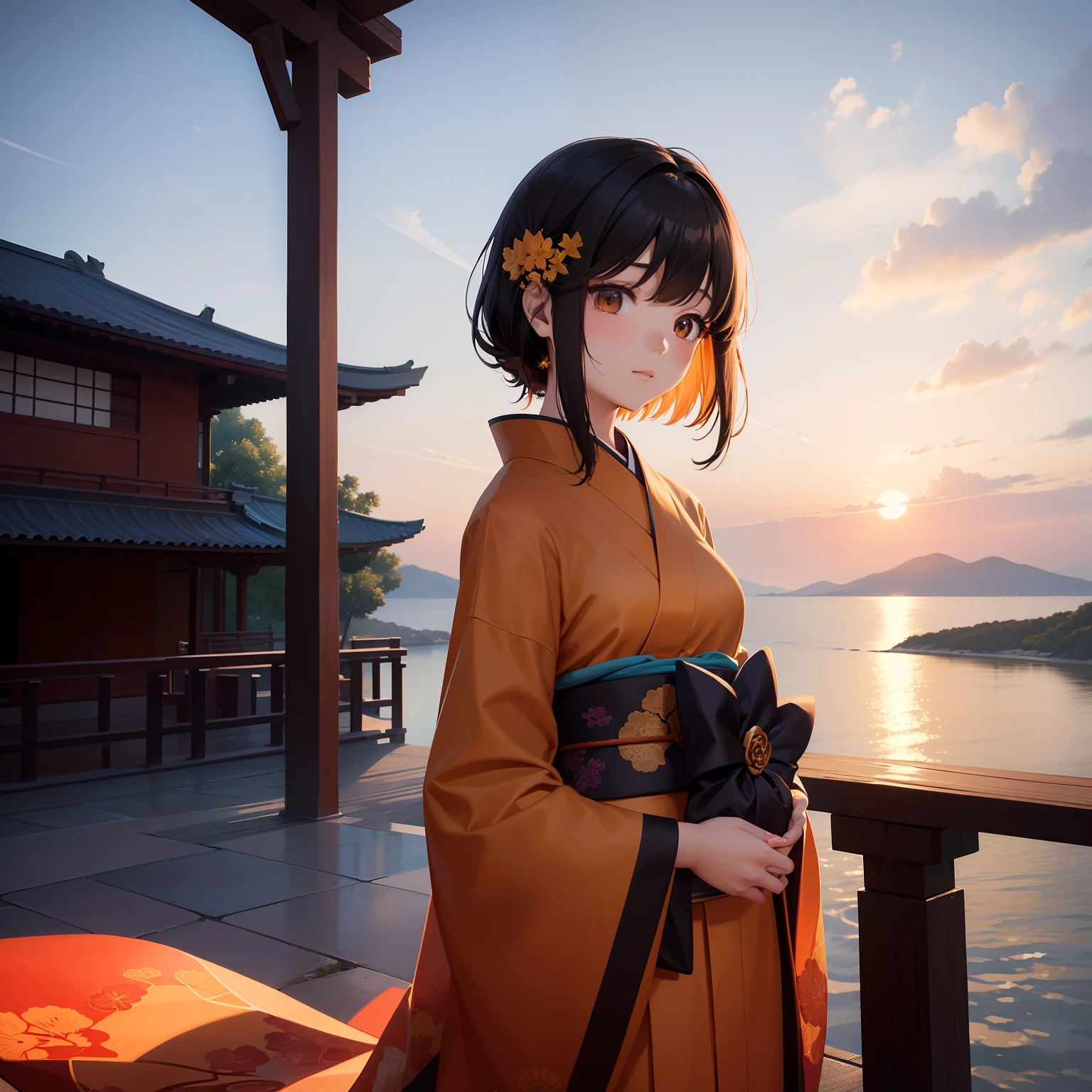 Beautiful and aesthetic sunsets color the sky、One girl stands in that colorful light。Her hair is a colorful combination of black and orange、It's like reflecting a sunset。Behind it is、A large ginkgo tree towers、Golden ginkgo tree fluttering in the wind。She wears a kimono、Its gentle expression is、It gives a feeling of longevity and solemnity.。This scene is really amazing.、You can feel the soul calm by touching its beauty。