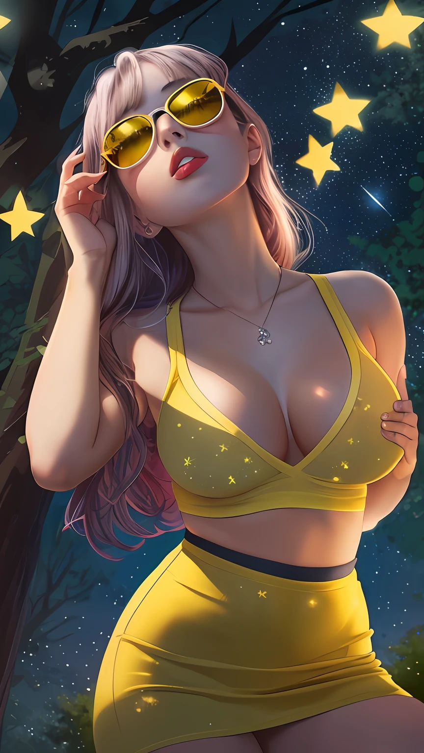 cleavage, a beautiful woman, from_above, close-up, crop top, detailed face, yellow bodycon tank top, hair, park, sky, trees, pale skin, moonlight, stars, 1girl, statement sunglasses, big breasts ,petite, vivid colors, bokeh background, subject for emphasis,dramatic colors , hyperealistic, masterpiece, best quality, nsfw