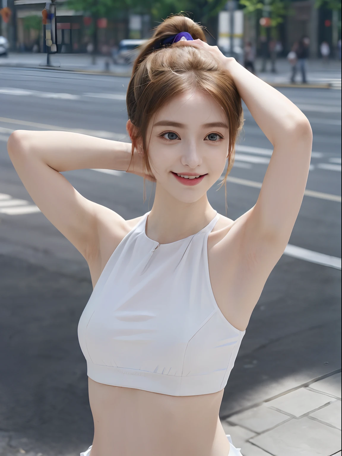 ((Show underarms、Armpit、Detailed armpit wrinkles、Raise your hands to show your armpits、in a street、In the city、Looking here、A smile、bright sunlight on the body、high-ponytail Hairstyle、More detailed armpit skin、Underarm wrinkles、Black armpits))、top-quality, (reallistic:1.3), (真实感, Hyper-Realism:1.2), 1girl in, a white girl, (​masterpiece), Convoluted (High Details), Detail skin, Short:1.2, (High Details:1.1), NSFW, HighDynamicRange, (beauitful face), Hillez, Directional writing, foco nítido, full body Esbian