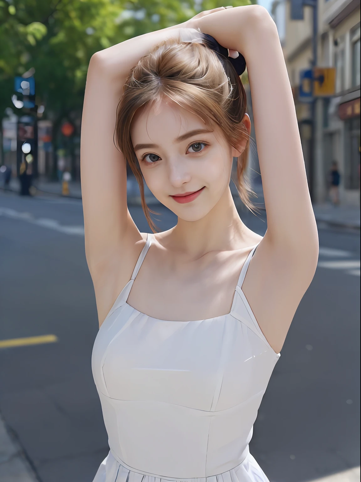 ((Show underarms、Armpit、Detailed armpit wrinkles、Raise your hands to show your armpits、in a street、In the city、Looking here、A smile、bright sunlight on the body、high-ponytail Hairstyle、More detailed armpit skin、Underarm wrinkles、Black armpits))、top-quality, (reallistic:1.3), (真实感, Hyper-Realism:1.2), 1girl in, a white girl, (​masterpiece), Convoluted (High Details), Detail skin, Short:1.2, (High Details:1.1), NSFW, HighDynamicRange, (beauitful face), Hillez, Directional writing, foco nítido, full body Esbian