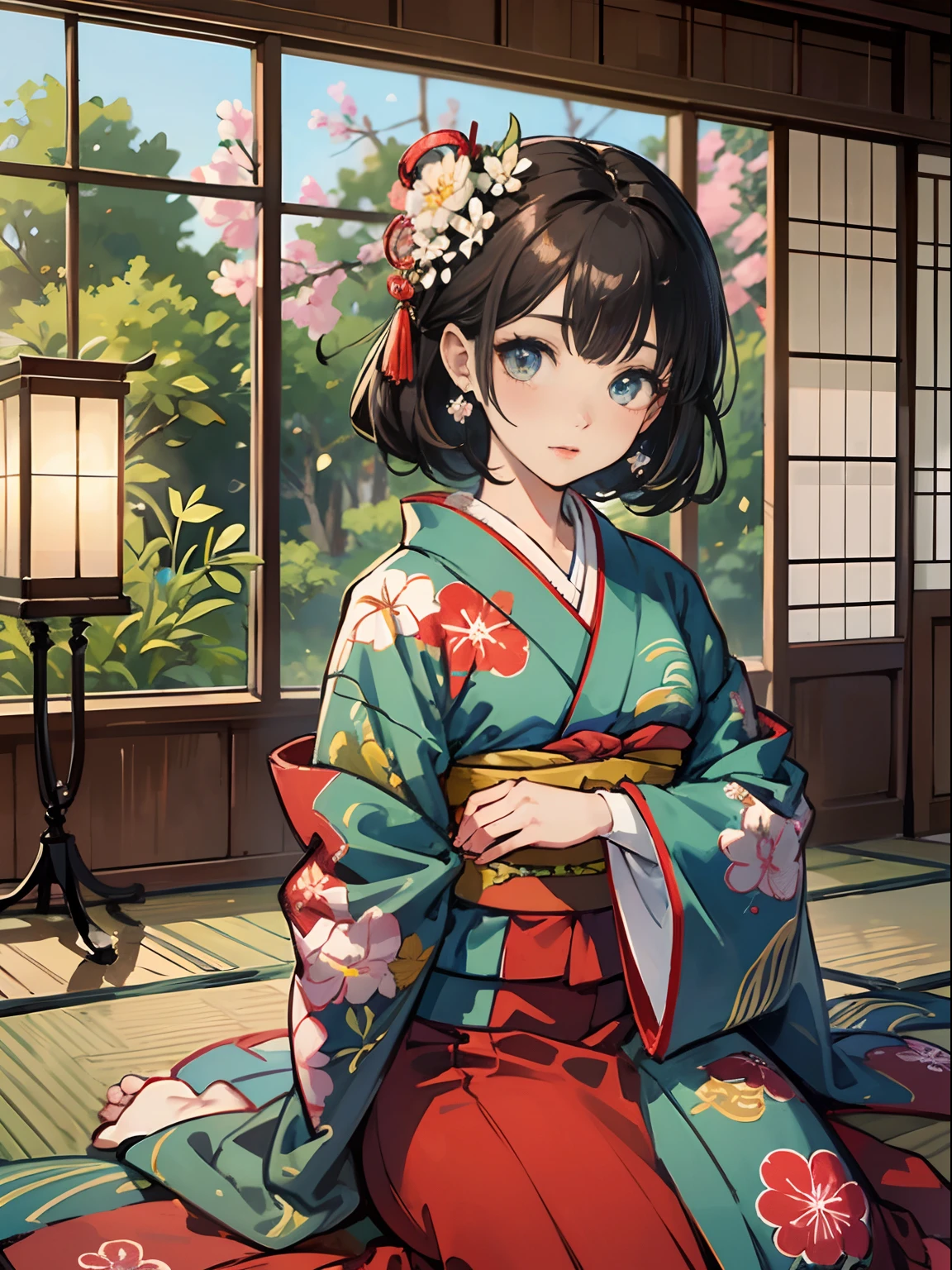 Master Pieces,hyper quality, Hyper Detailed,Perfect drawing,独奏、Beauty in the world、Komono、Japanese dress、Black-haired、Japanese hair、Colorful Japan kimono、Nishijin Ori、Delicate and smart eyes、Half-open lips、sidelong glance、Graceful、Gorgeous、Beautiful、red blush(0.2)、Dazzling、Stunning、Gorgeous、Gentle、Shunguang、natural soft light、Flowers and Birds Fugetsu、traditional Japanese room、Accurate drawing、Detailed drawing、